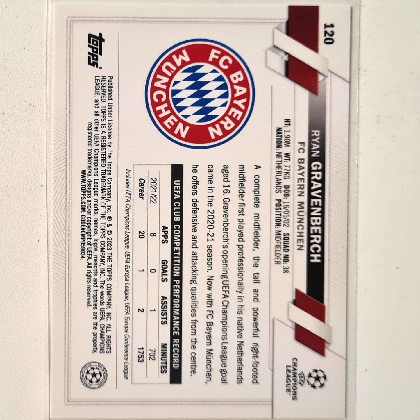 Ryan Gravenberch 2023 Topps Champions League #120 Soccer football Bayern Munchen Mint sleeved