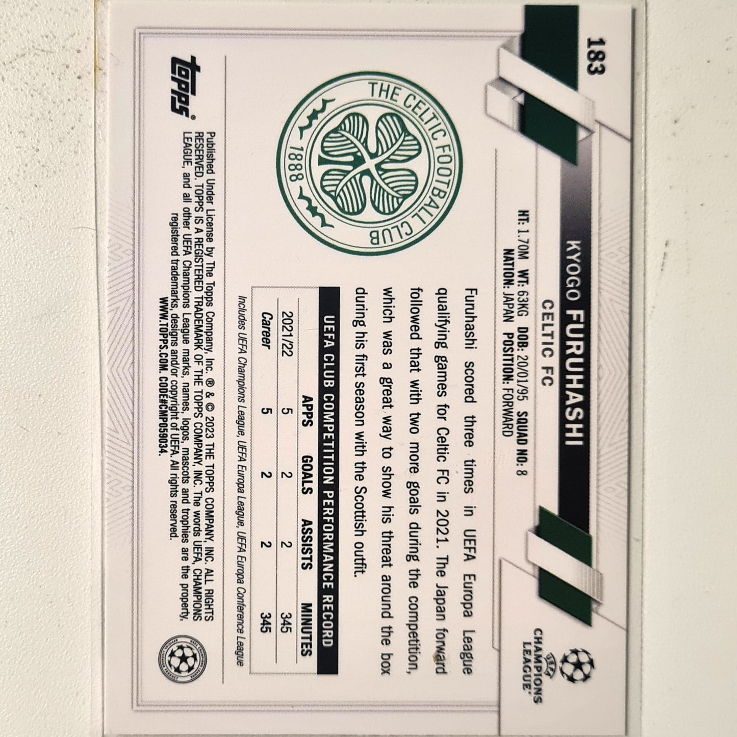 Kyogo Furuhashi 2023 Topps Chrome Champions League #183 Soccer football Celtic FC  Mint sleeved