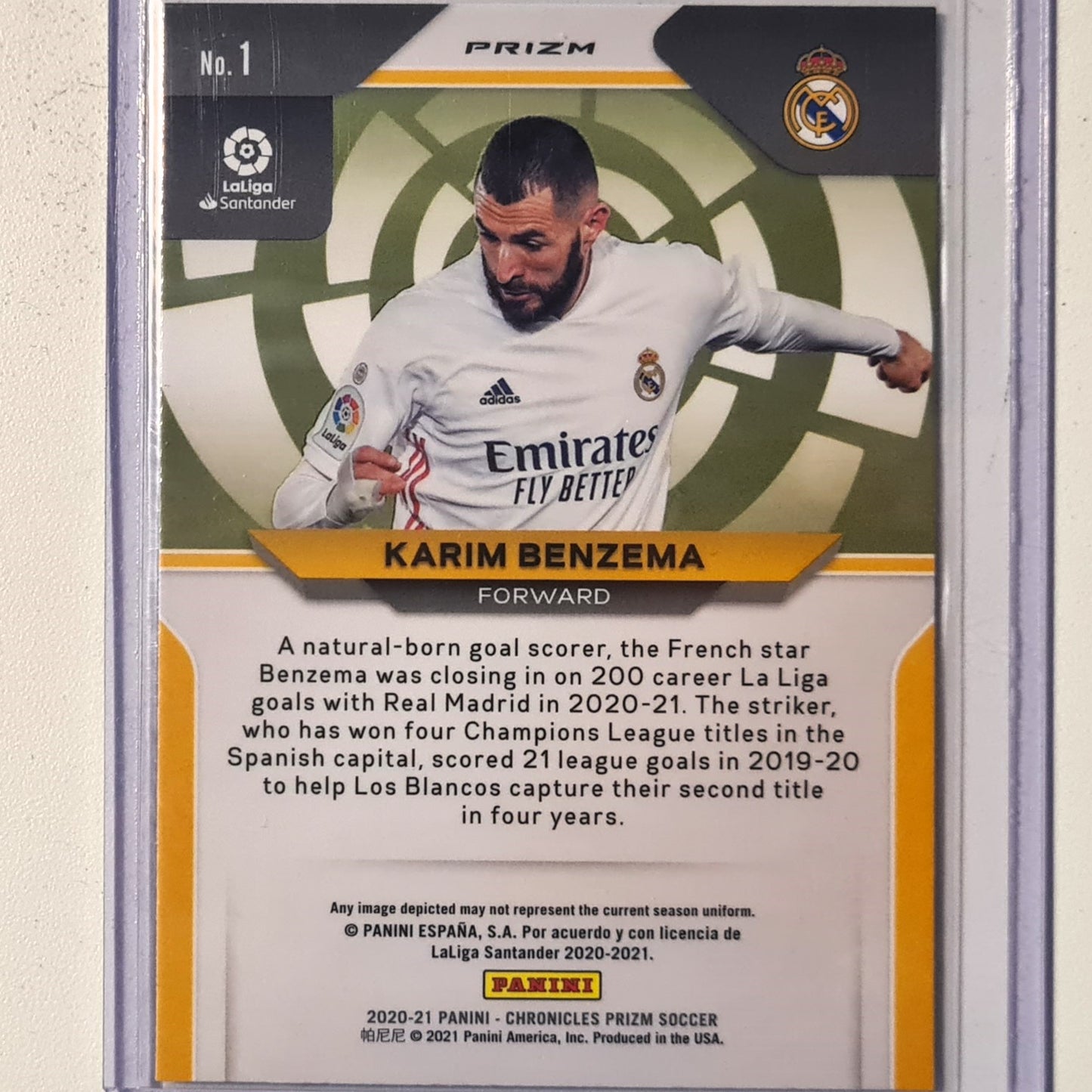 Karim Benzema 2020-21 Panini Chronicles Prizm Soccer purple Mojo #1 Soccer football Real Madrid excellent sleeved