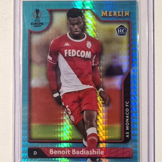 Benoit Badiashile 2022 Topps Merlin Europa League Aqua holo Rookie RC #40 Soccer football Monaco excellent/mint sleeved