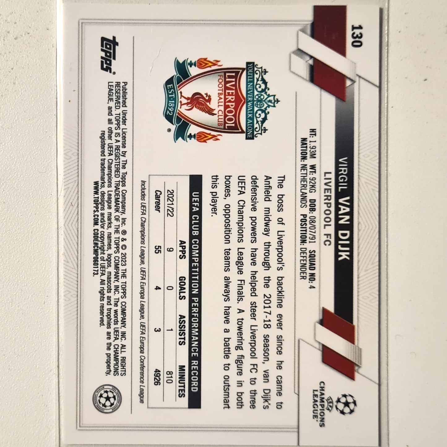 Virgil Van Dijk 2023 Topps Chrome Champions League #130 Soccer football Liverpool Excellent/mint sleeved