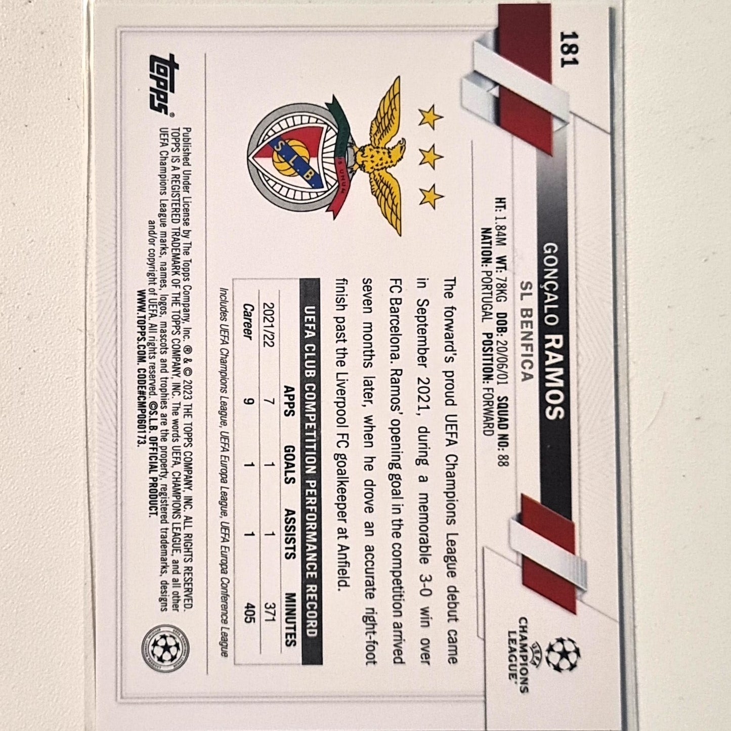 Goncalo Ramos 2023 Topps Chrome Champions League #181 Soccer football Benfica Excellent/mint sleeved