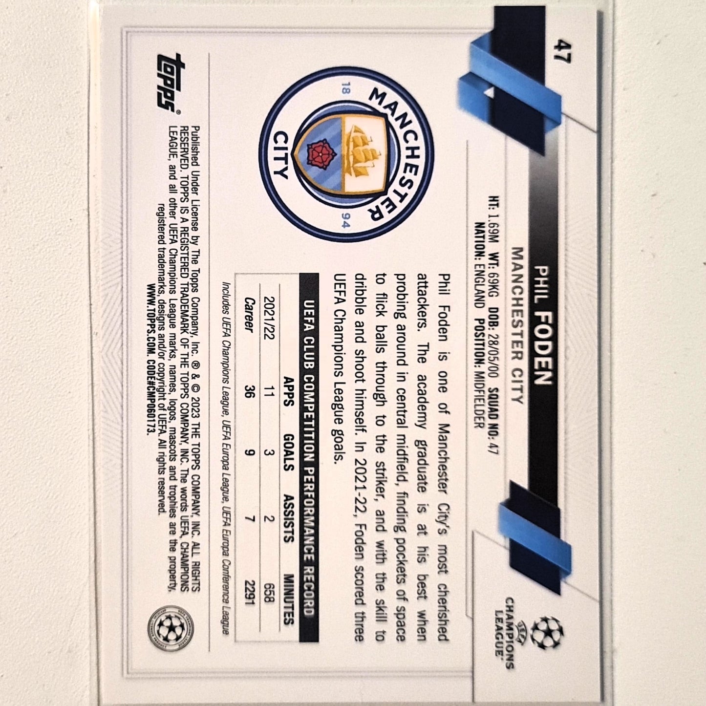 Phil Foden 2023 Topps Champions League #47 Soccer football Manchester city Excellent/mint sleeved