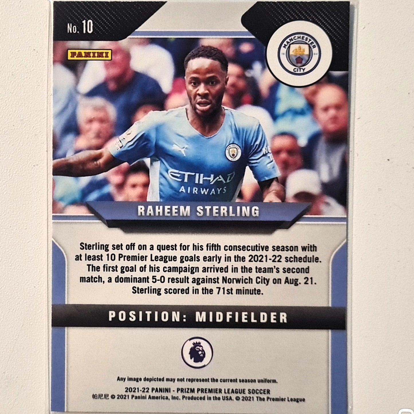 Raheem Sterling 2021-22 Panini Prizm premier league #10 Soccer football Manchester city Excellent/mint sleeved