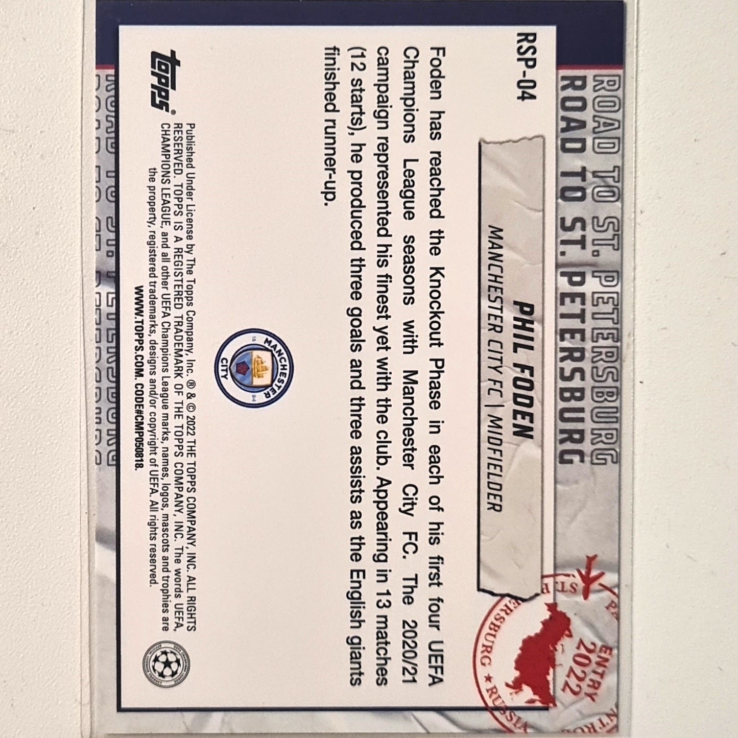 Phil Foden 2022 Topps Champions League ROAD TO ST PETERBURG RSP-04 Soccer football Manchester city Excellent/mint sleeved