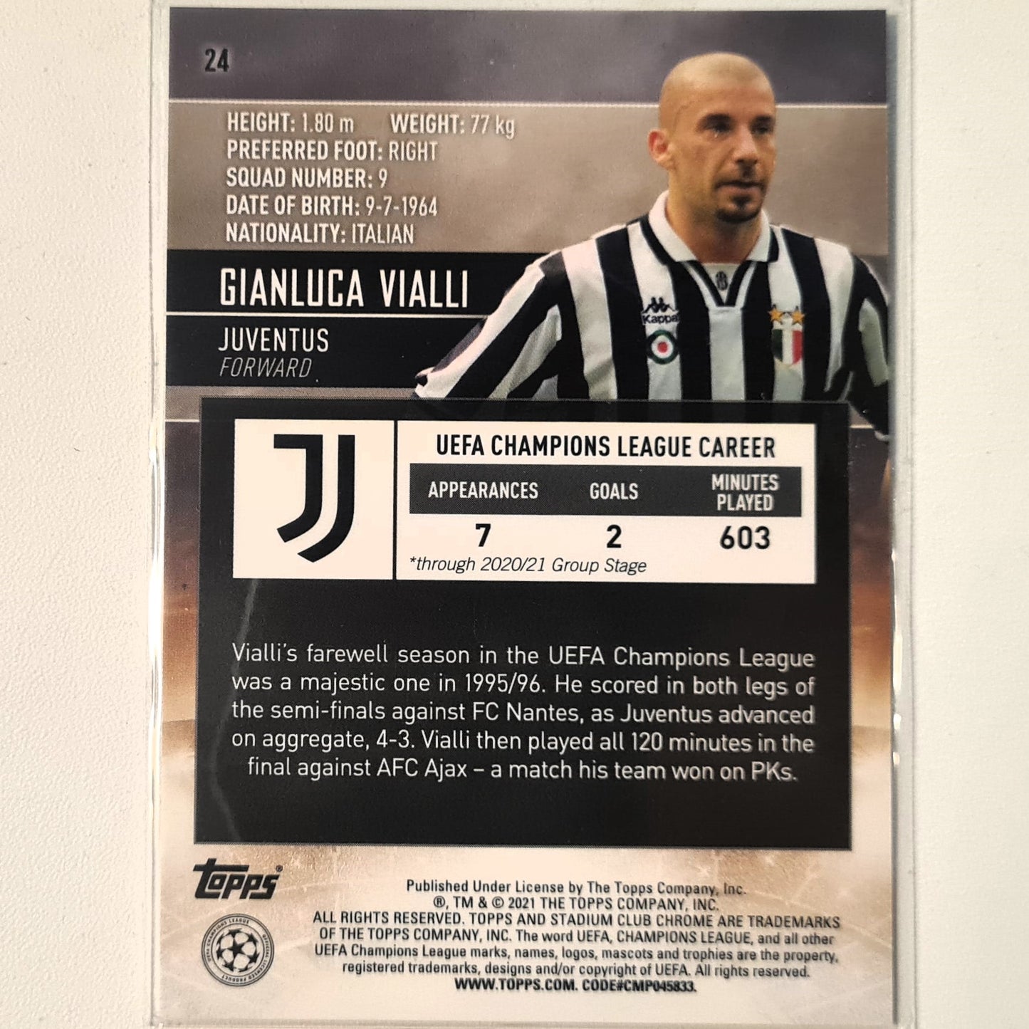 Gianluca Vialli 2021 Topps Stadium Chrome Champions league #24 Soccer Football Juventus excellent/mint Sleeved