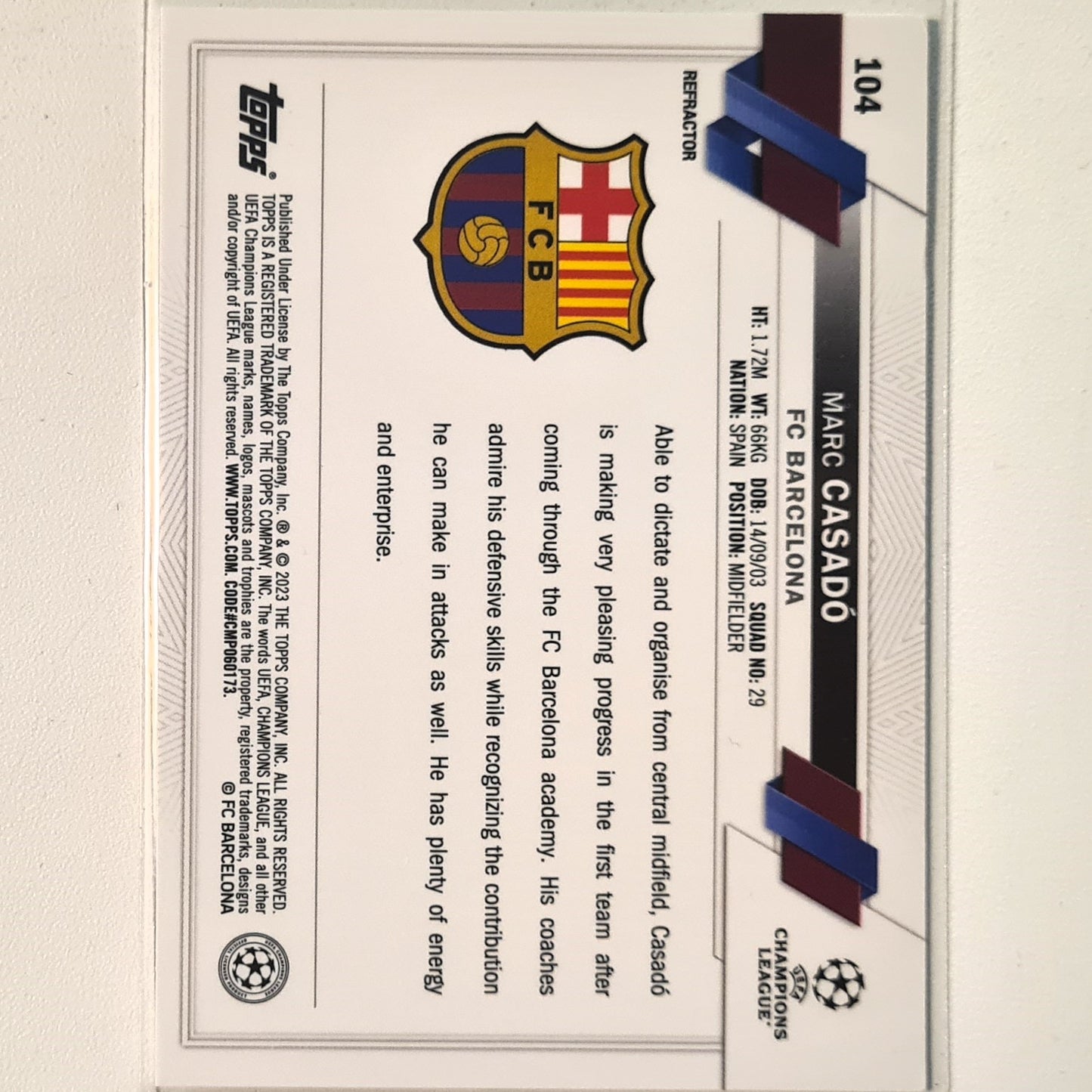 Marc Casado 2023 Topps Chrome Champions league Prizm rookie RC #104 Soccer Football club Barcelona excellent/mint Sleeved