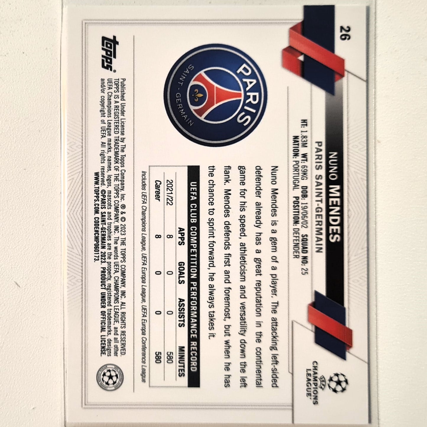 Nuno Mendes 2023 Topps Chrome Champions league all star rookie future stars #26 Soccer Football Paris Saint-Germain excellent Sleeved