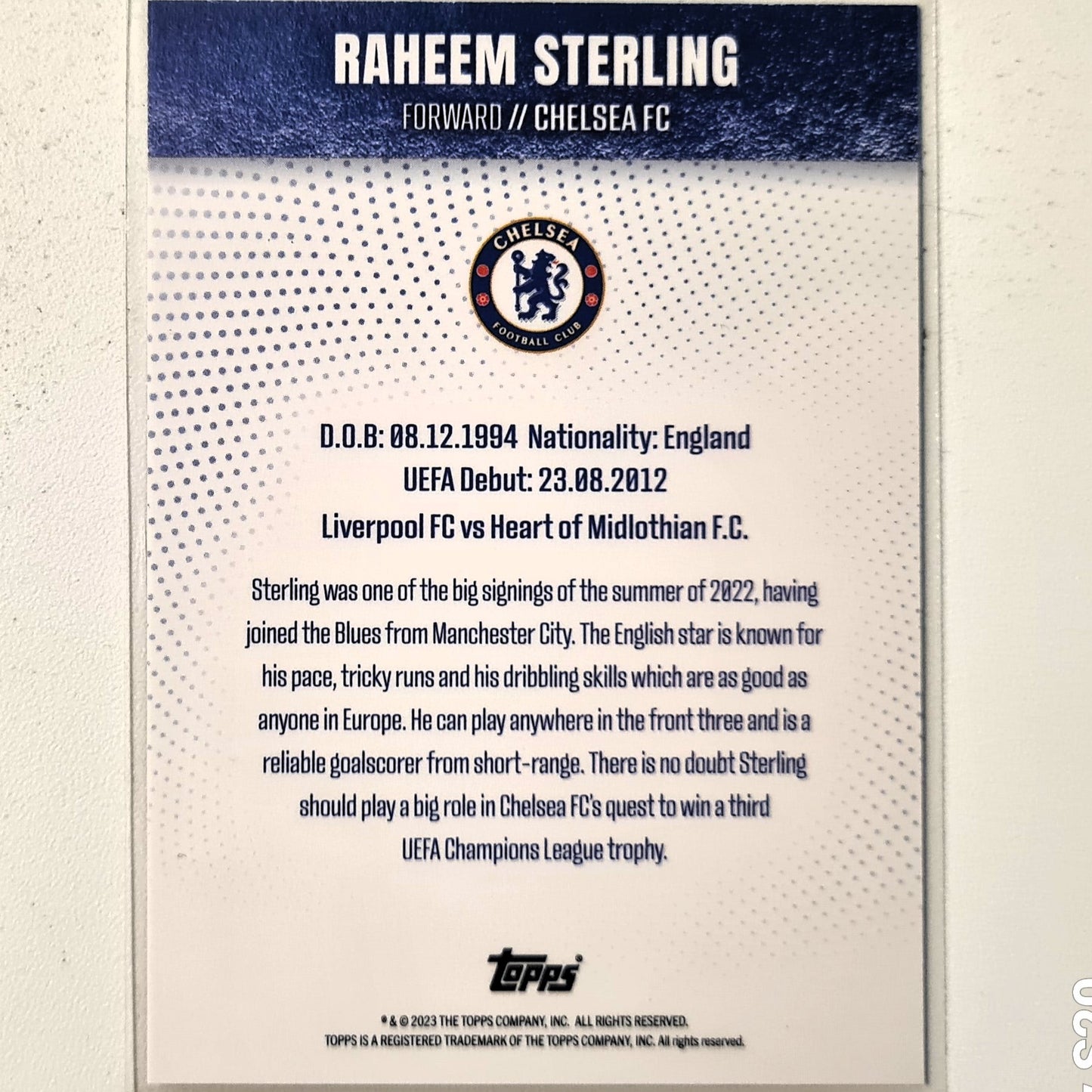 Raheem Sterling 2023 Topps Chelsea team set Football Chelsea excellent Sleeved