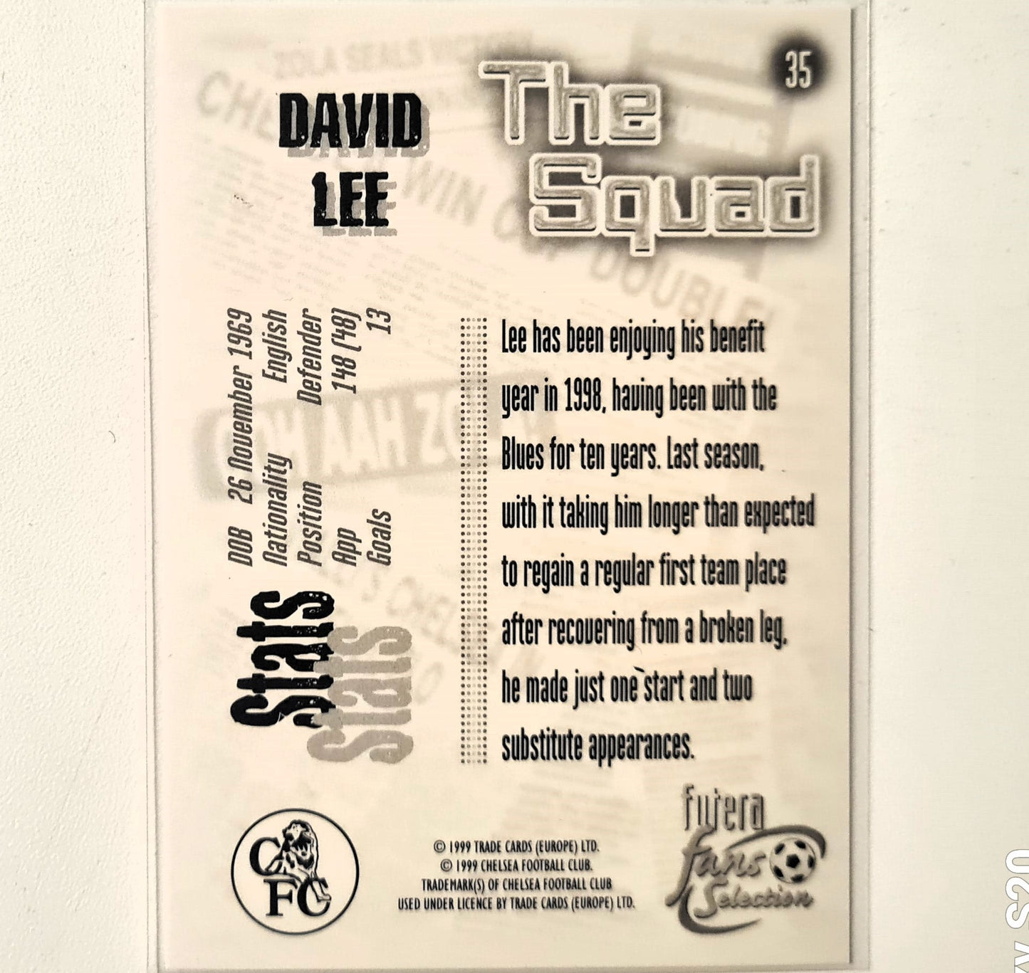 David Lee 1999 Futera Fans Selection the Squad #35 Soccer Football Chelsea excellent Sleeved