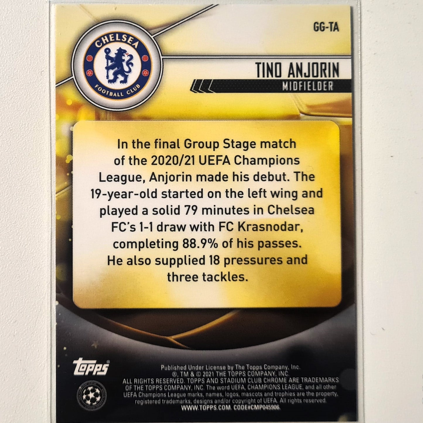 Tino Anjorin 2021 Topps Stadium club chrome Champions League Glimpses of gold Rookie RC GG-TA Football Chelsea excellent/mint Sleeved