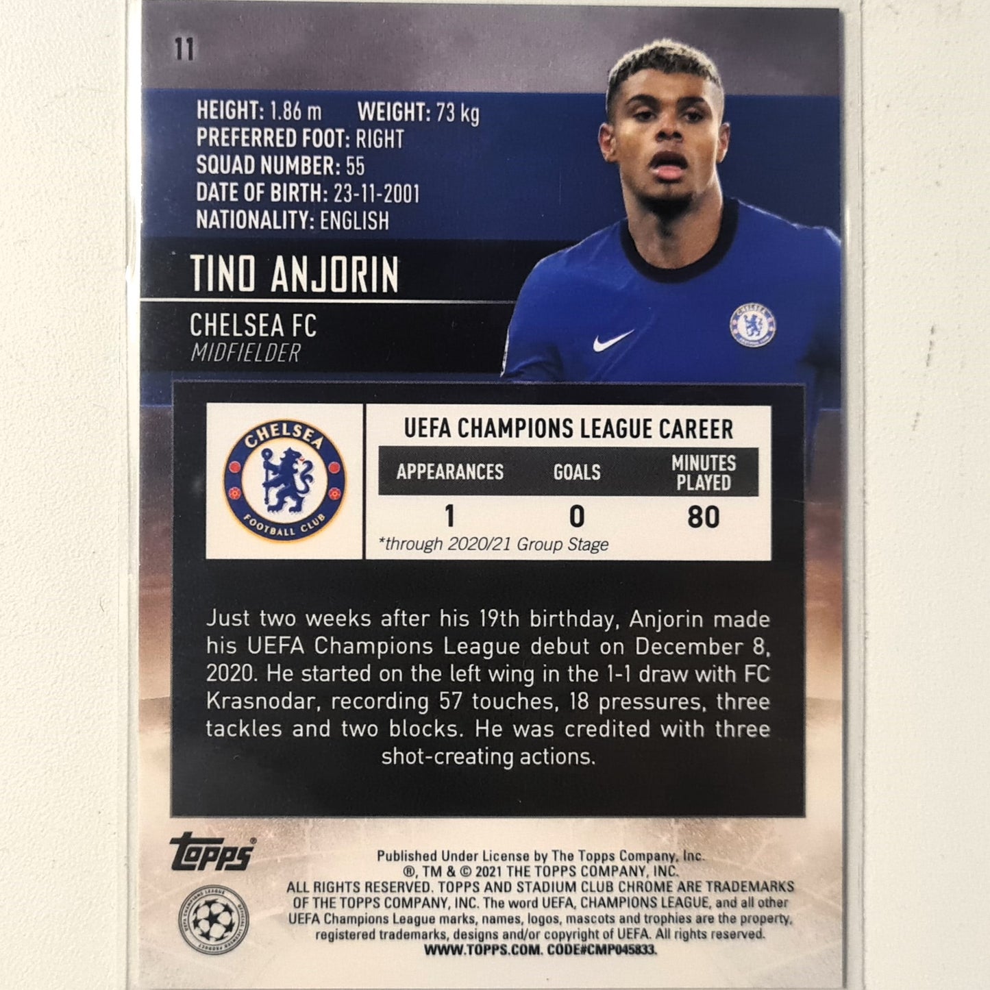 Tino Anjorin 2021 Topps stadium club chrome Champions League Rookie RC #11 Football Chelsea excellent/mint Sleeved