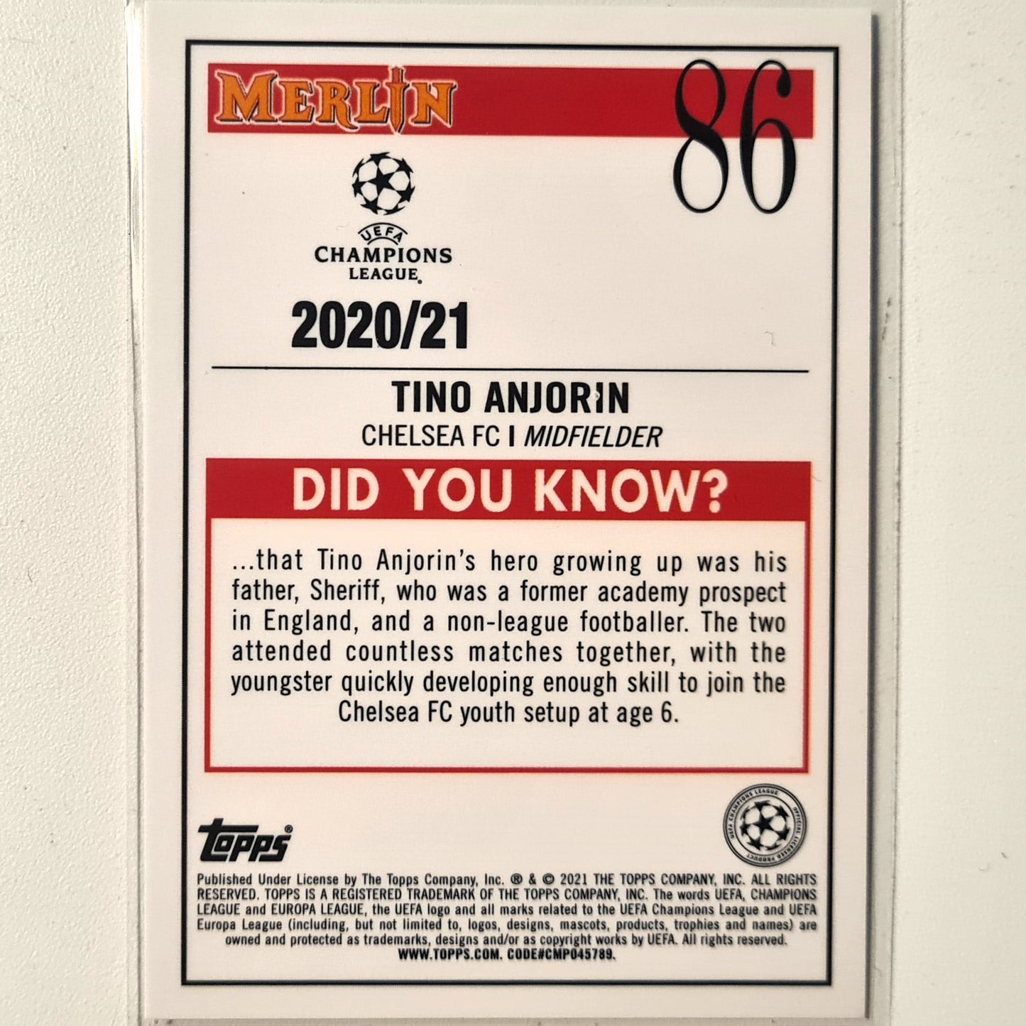 Tino Anjorin 2021 Topps Merlin Champions League Rookie RC #86 Football Chelsea excellent/mint Sleeved