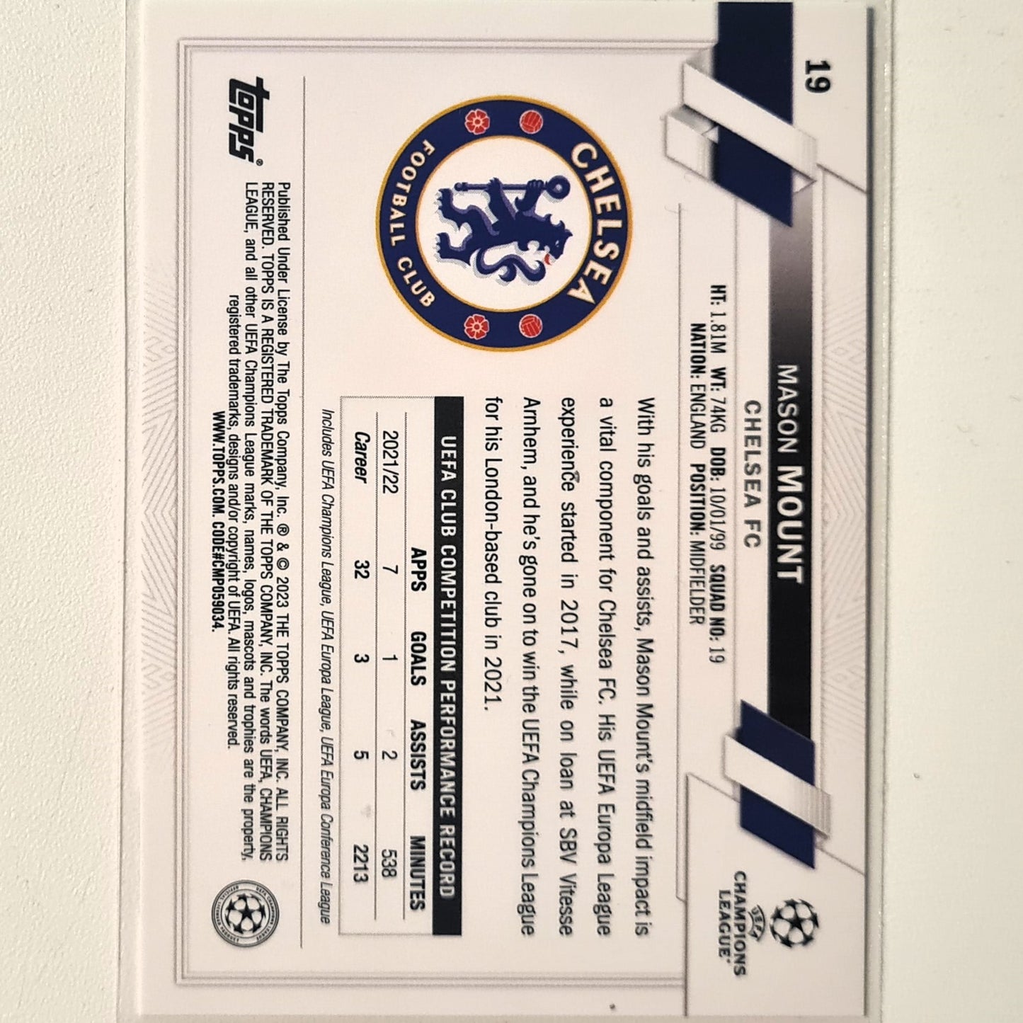 Mason Mount 2023 Topps Champions League #19 Soccer Football Chelsea excellent/mint Sleeved