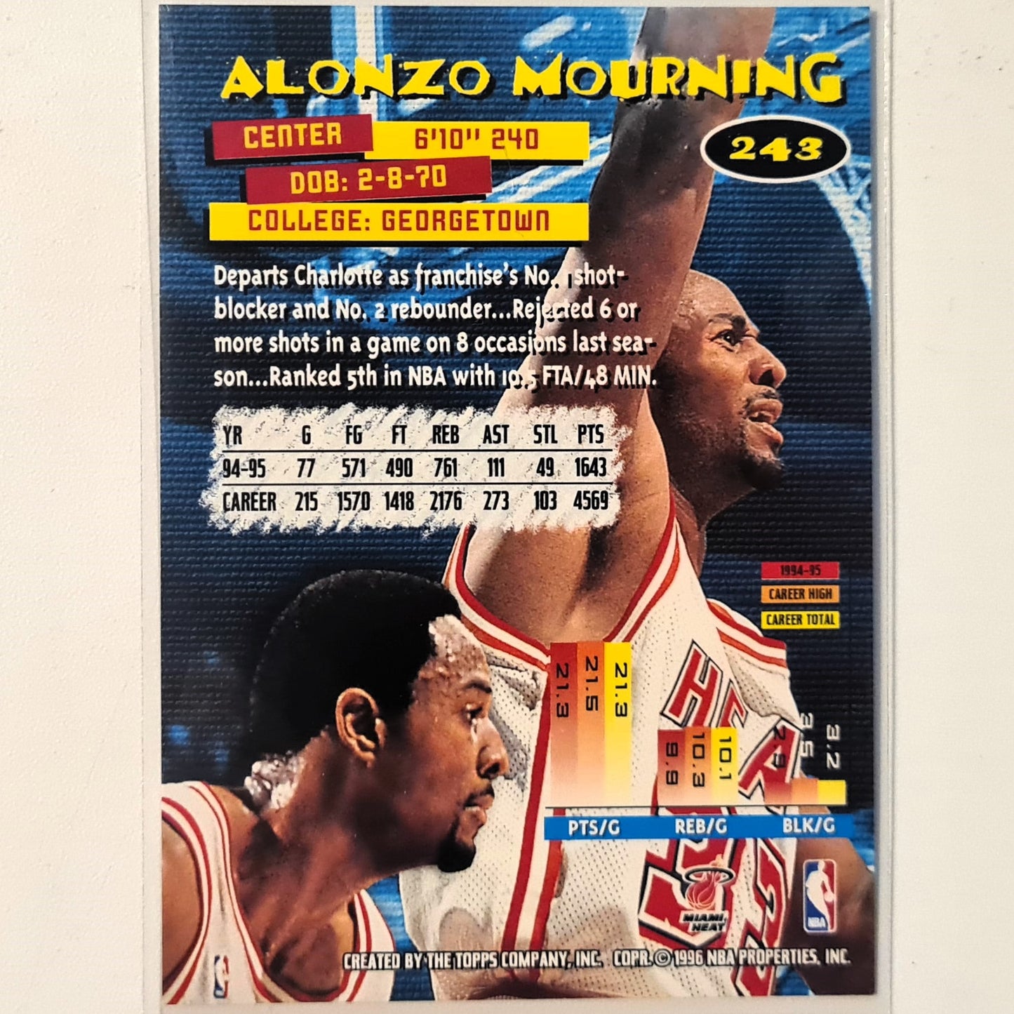 Alonzo Mourning 1996 Topps Stadium Club #243 NBA Basketball Miami Heat Excellent Sleeved