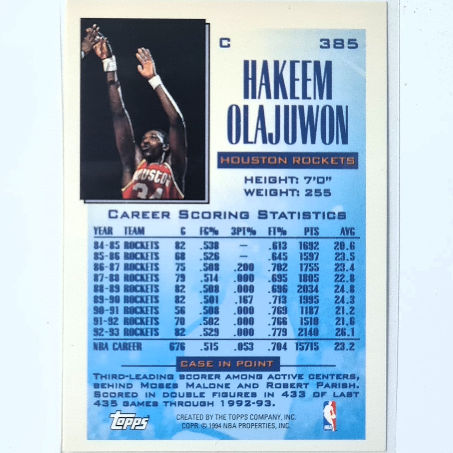 Hakeem Olajuwon 1994 Topps Future Scoring Leader #385 NBA Basketball Houston Rockets Excellent Sleeved