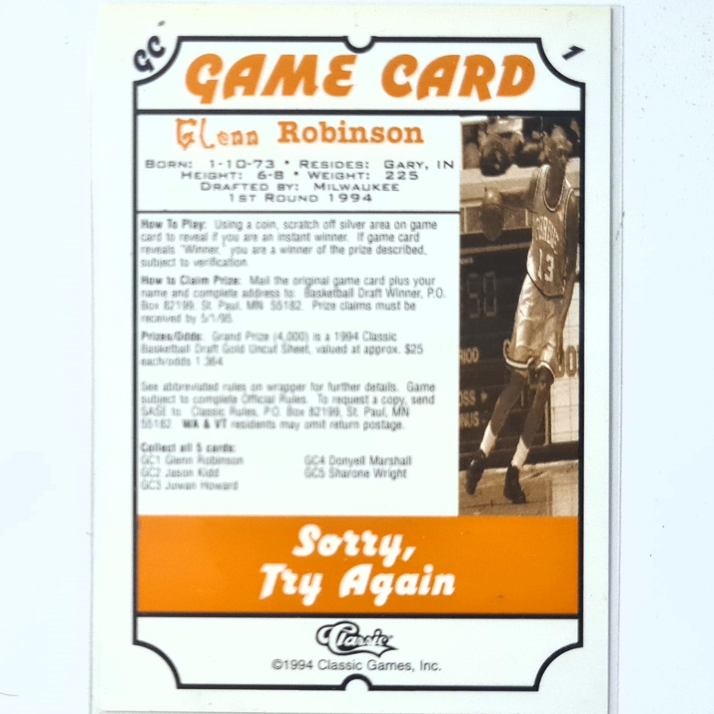 Glenn Robinson 1994 classic game card  rookie RC GC NBA Basketball Milwaukee Bucks Excellent Sleeved