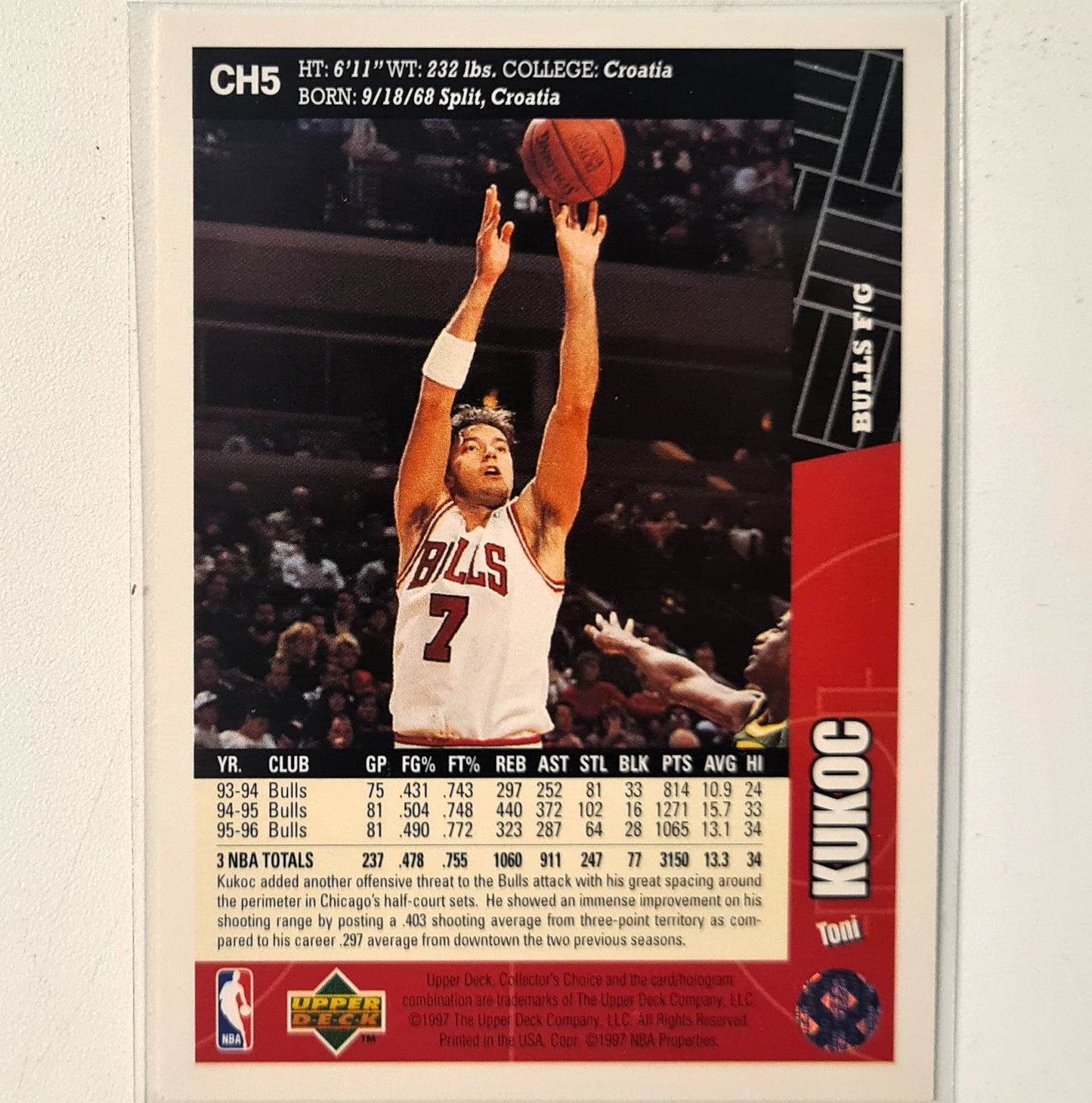 Toni Kukoc 1997 Upper-Deck Collectors choice CH5 NBA Basketball Chicago Bulls excellent Sleeved