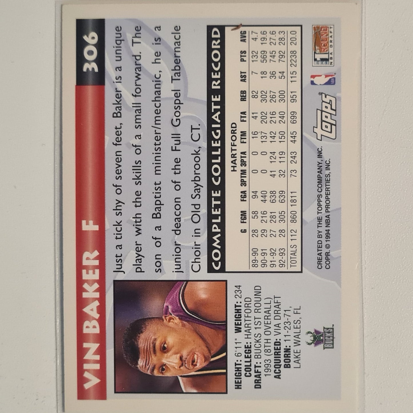 Vin Baker 1994 Topps 1st round NBA Draft #306 Rookie RC* NBA Basketball Milwaukee Bucks excellent Sleeved