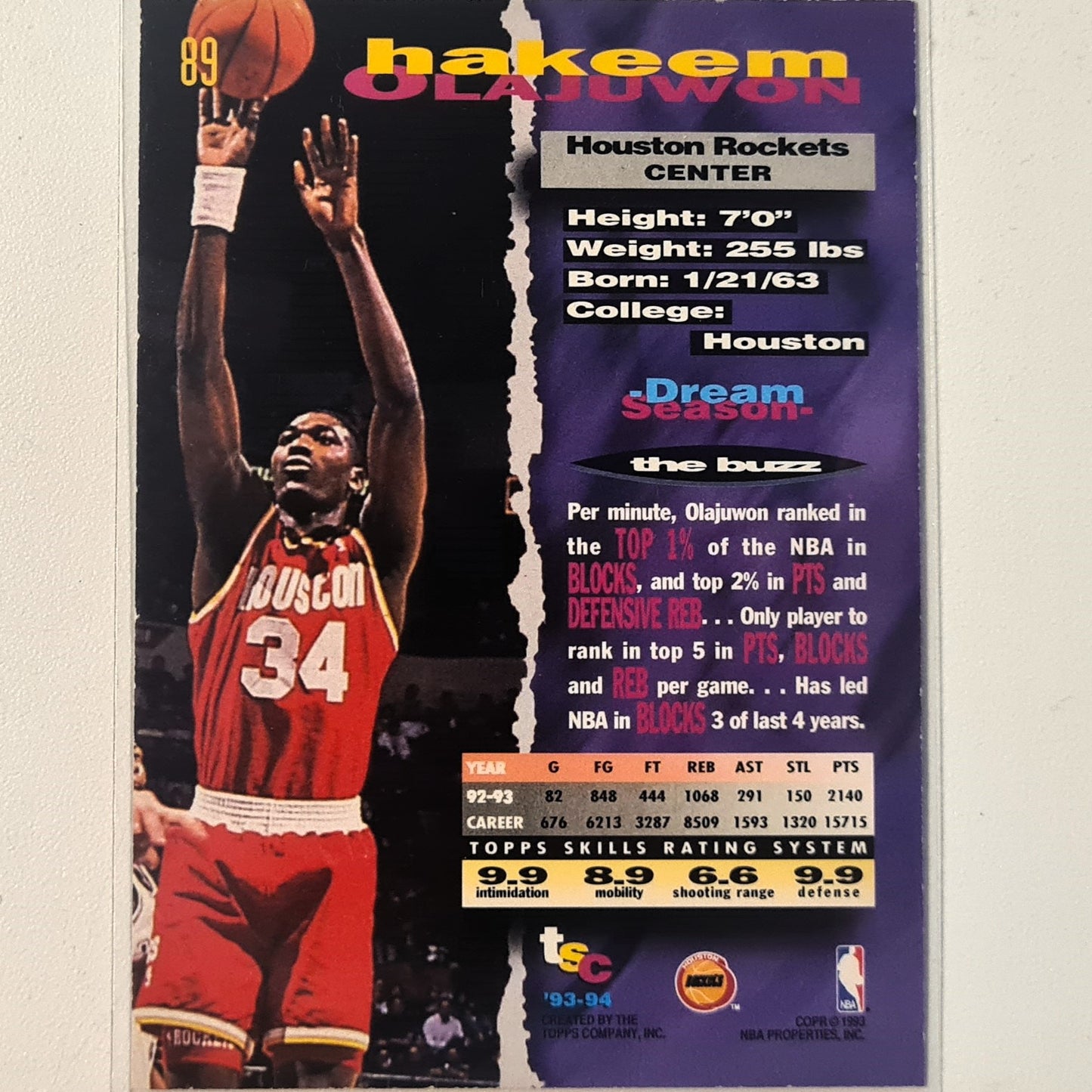 Hakeem Olajuwon 1993 Topps stadium club #89 NBA Basketball Houston rockets very good Sleeved