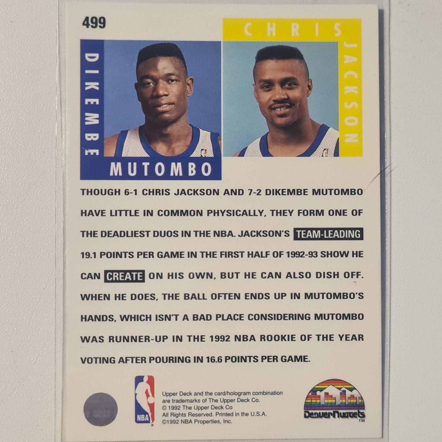 Dikembe Mutombo Chris Jackson 1992 Upper-Deck scoring threats #499 NBA Basketball Denver Nuggets very good Sleeved