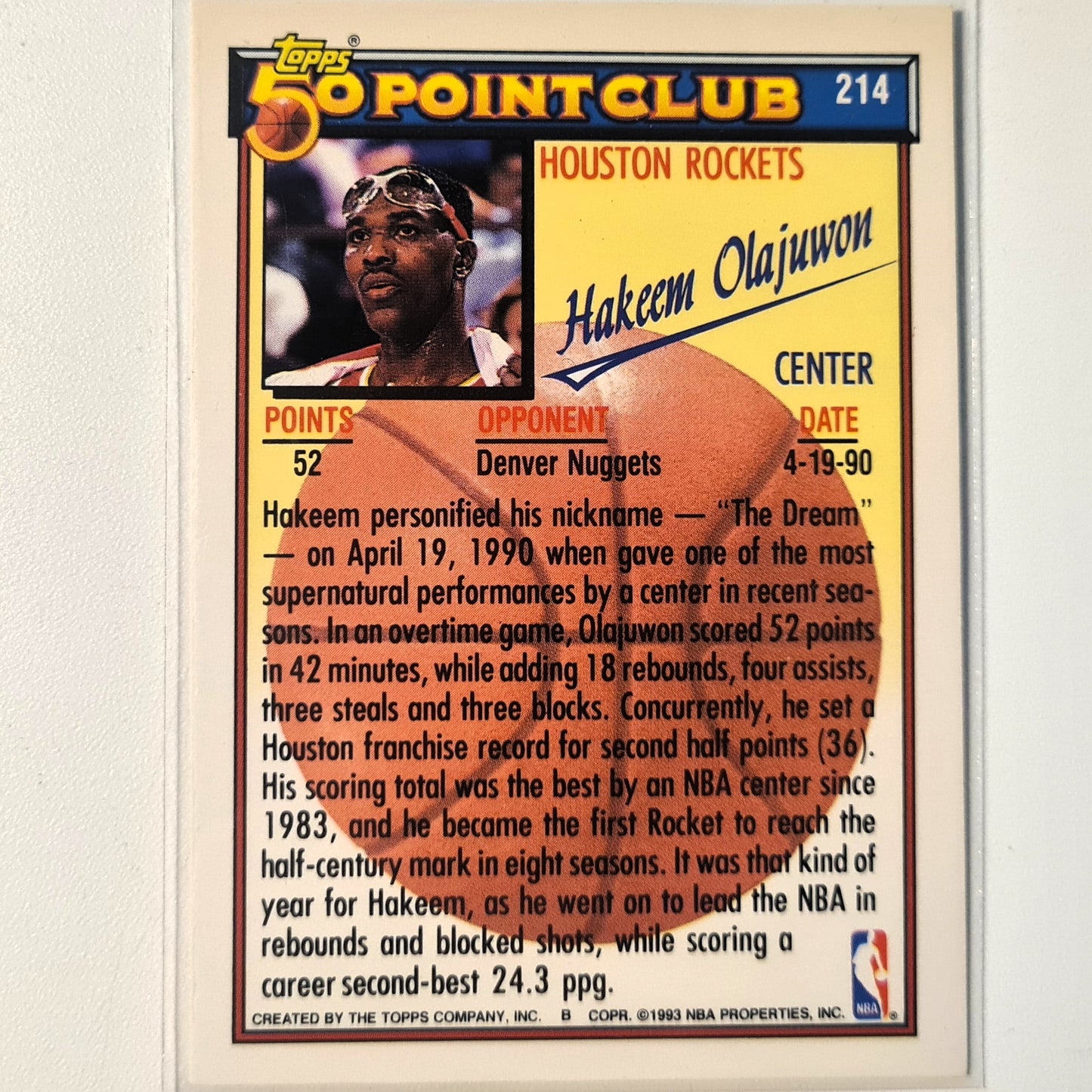 Hakeem Olajuwon 1993 Topps 50 point club #214 NBA Basketball Houston Rockets Excellent/mint Sleeved