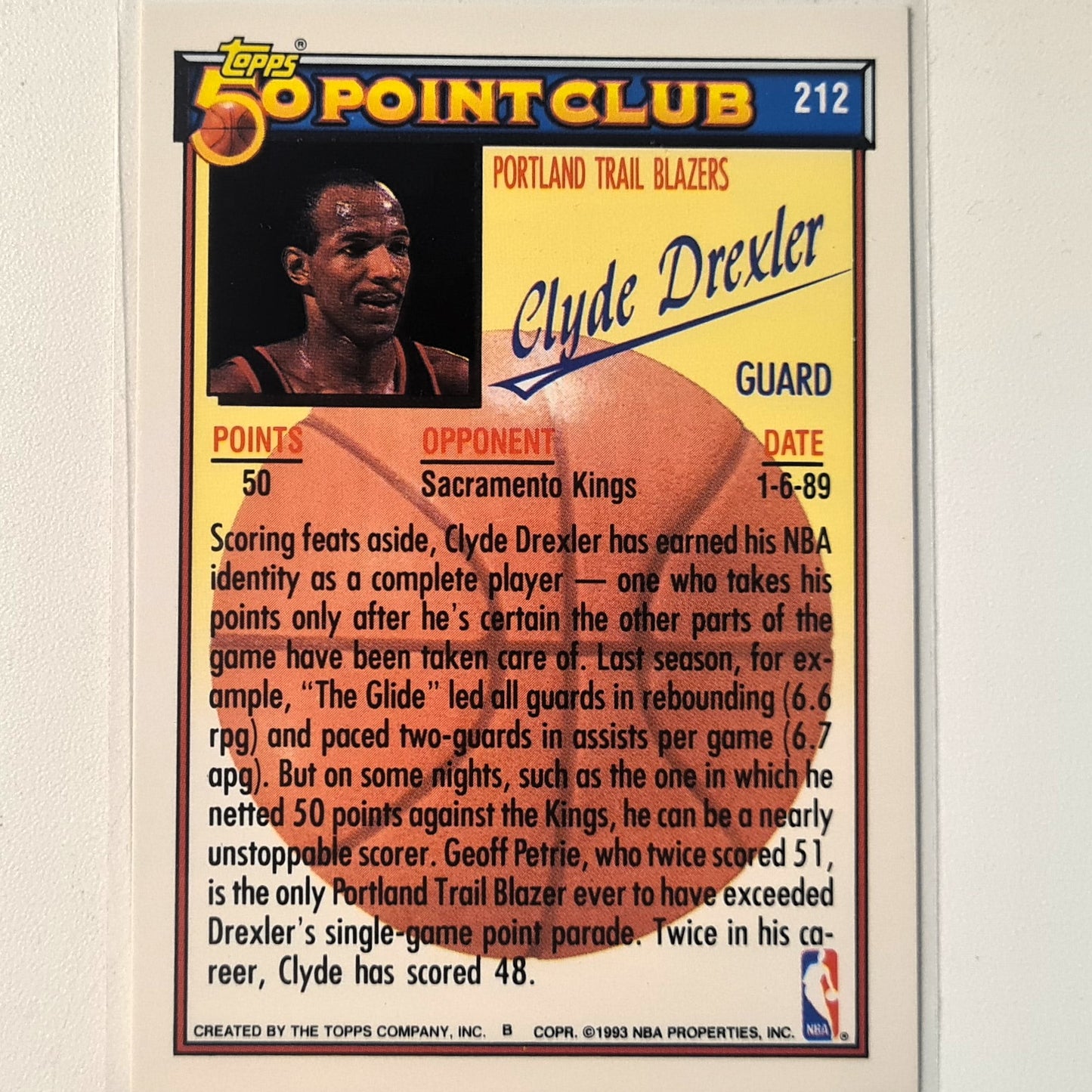 Clyde Drexler 1993 Topps 50 point club #212 NBA Basketball Toronto trail blazers Excellent/mint Sleeved