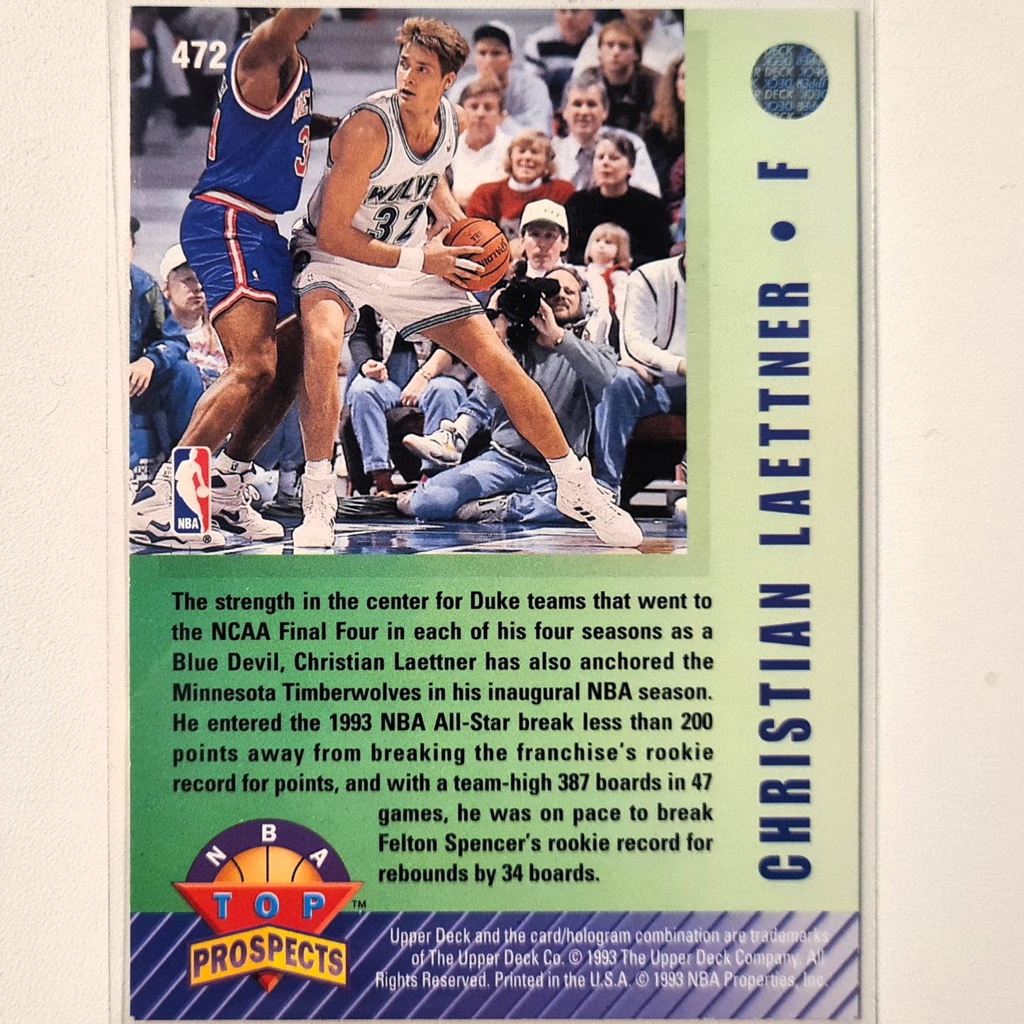 Christian Laettner 1993 Upper-Deck top prospects Rookie RC #472 NBA Basketball Minnesota Timberwolves Excellent Sleeved