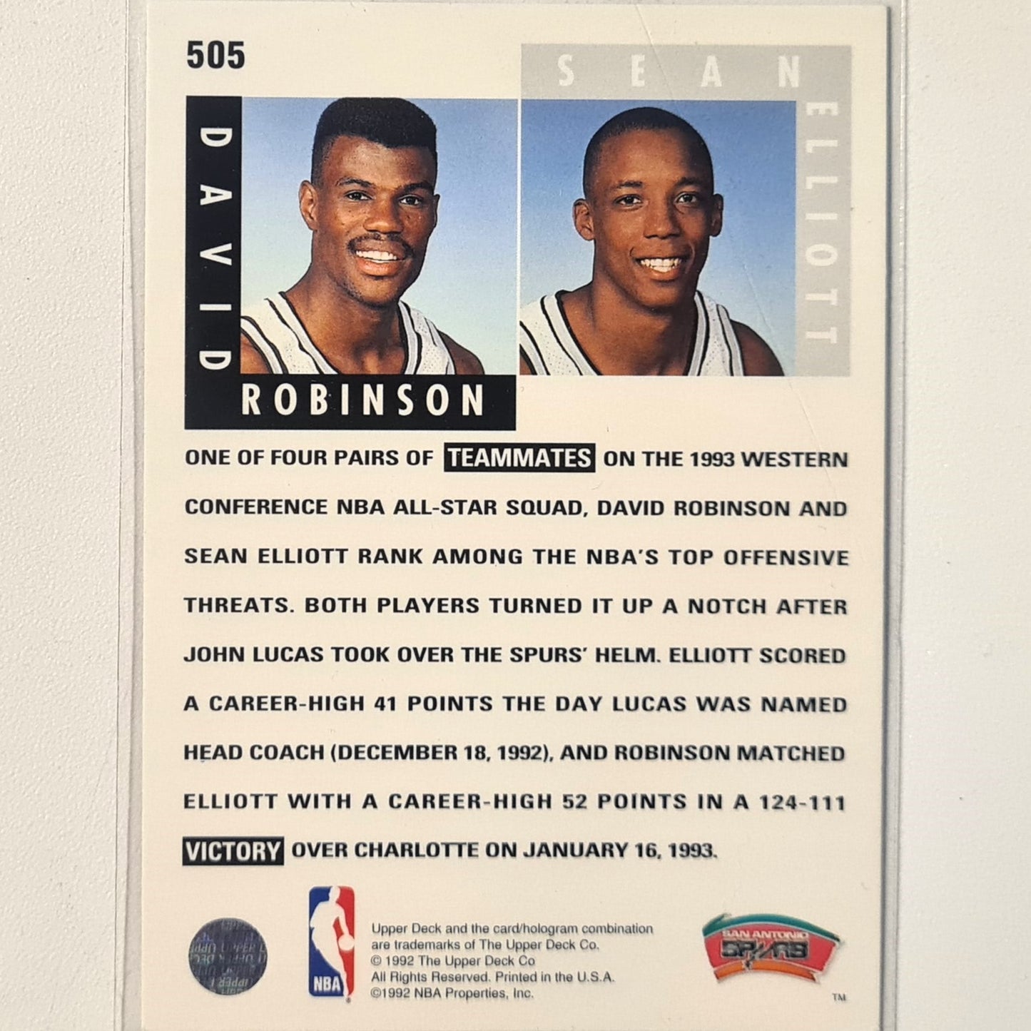 David Robinson Sean Elliott 1992 Upper-Deck scoring threats #505 NBA Basketball San Antonio Spurs Excellent Sleeved