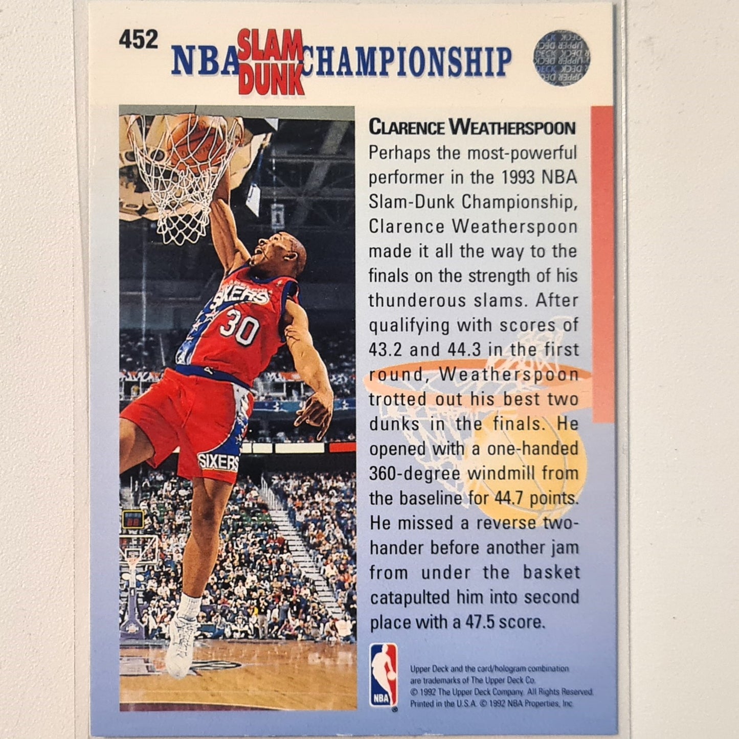 Clarence Weatherspoon 1992 Upper-Deck in your face #452 NBA Basketball Philadelphia 76ers Excellent Sleeved