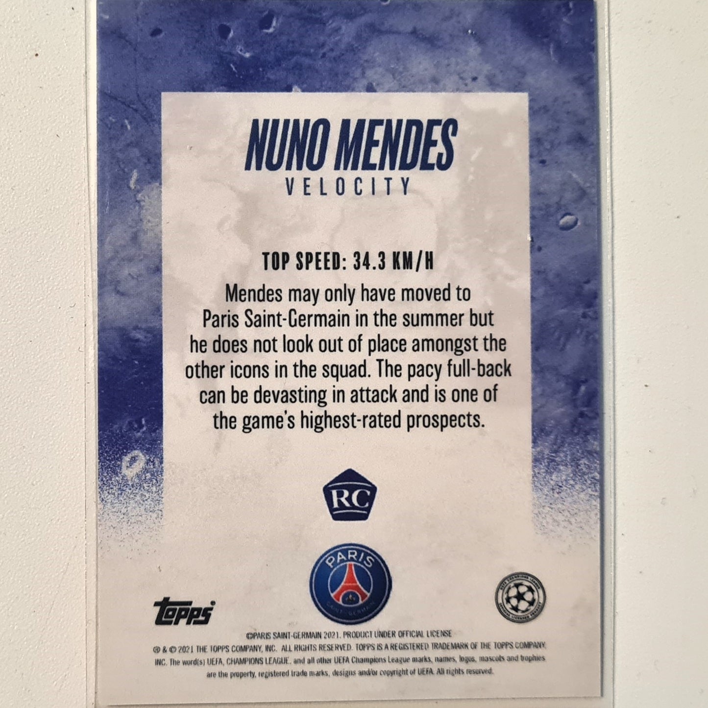 Nuno Mendes Rookie rc 2021 Topps Alphonso Davies curated set Velocity Football Paris Saint-Germain Excellent-Mint Sleeved