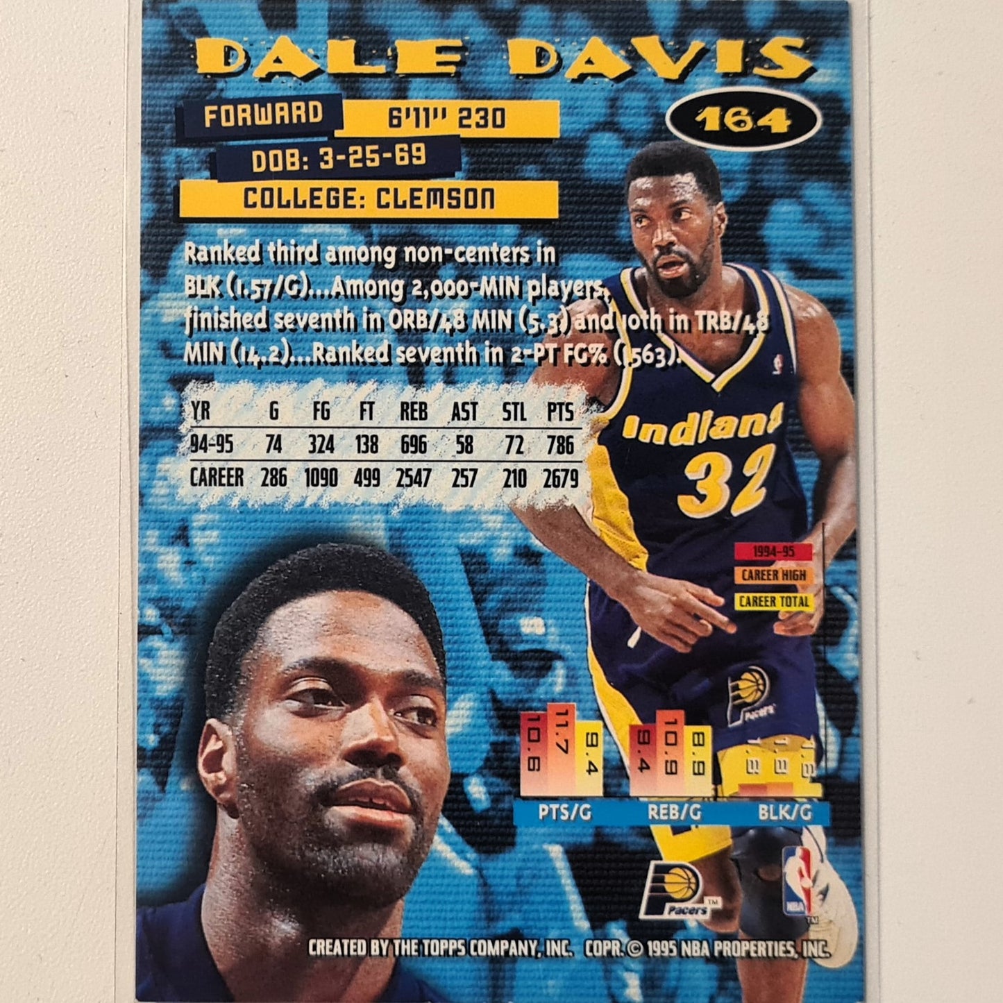 Dale Davis 1995 Topps Stadium Club #164 NBA Basketball Indiana Pacers Excellent Sleeved