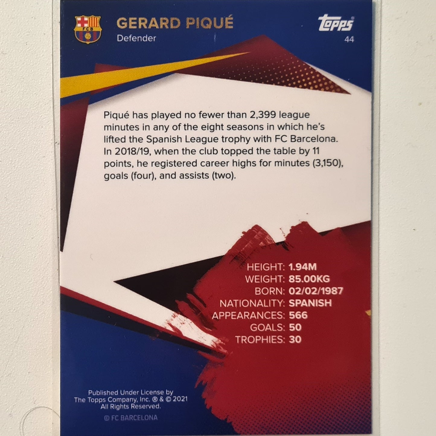 Gerrard Pique 2021 Topps Barcelona curated team set title winners #44 Soccer football excellent/mint Sleeved