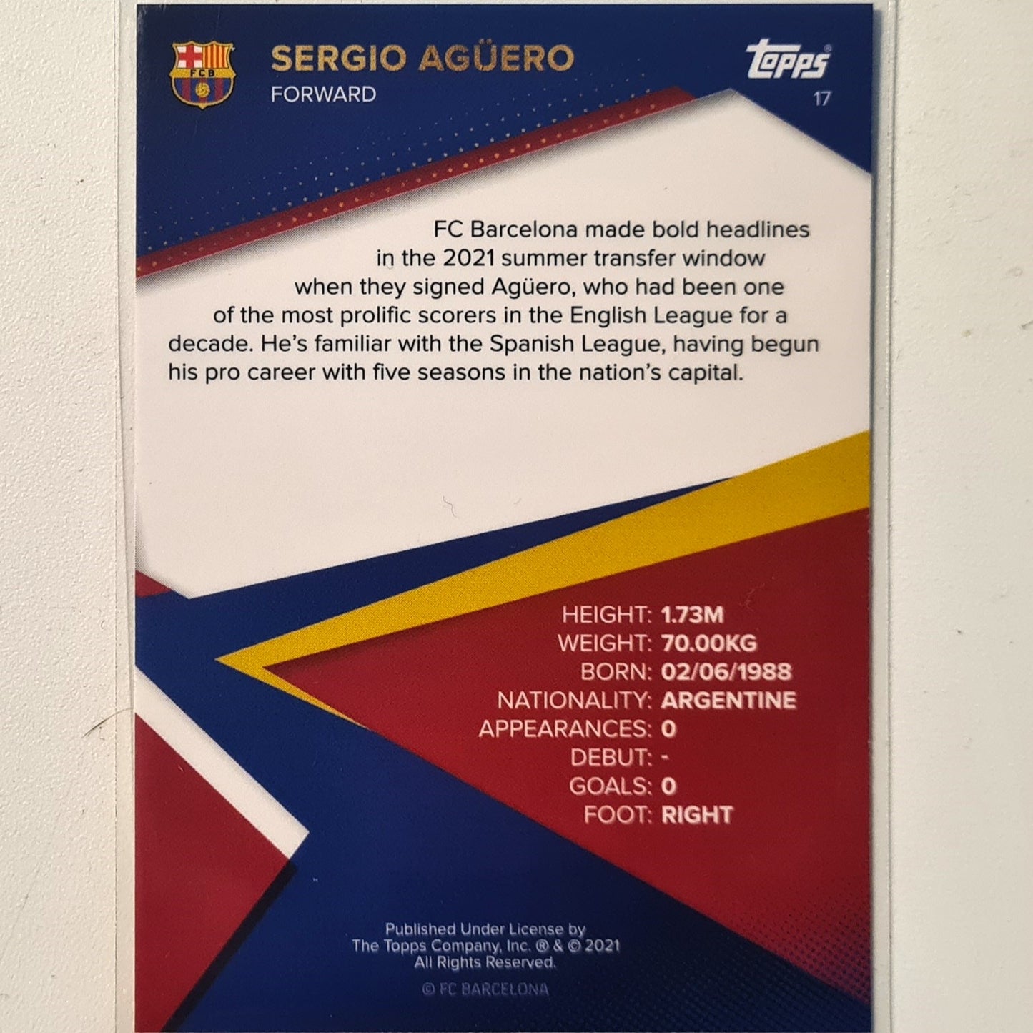 Sergio Aguero 2021 Topps Barcelona curated team set  #17 Soccer football excellent/mint Sleeved