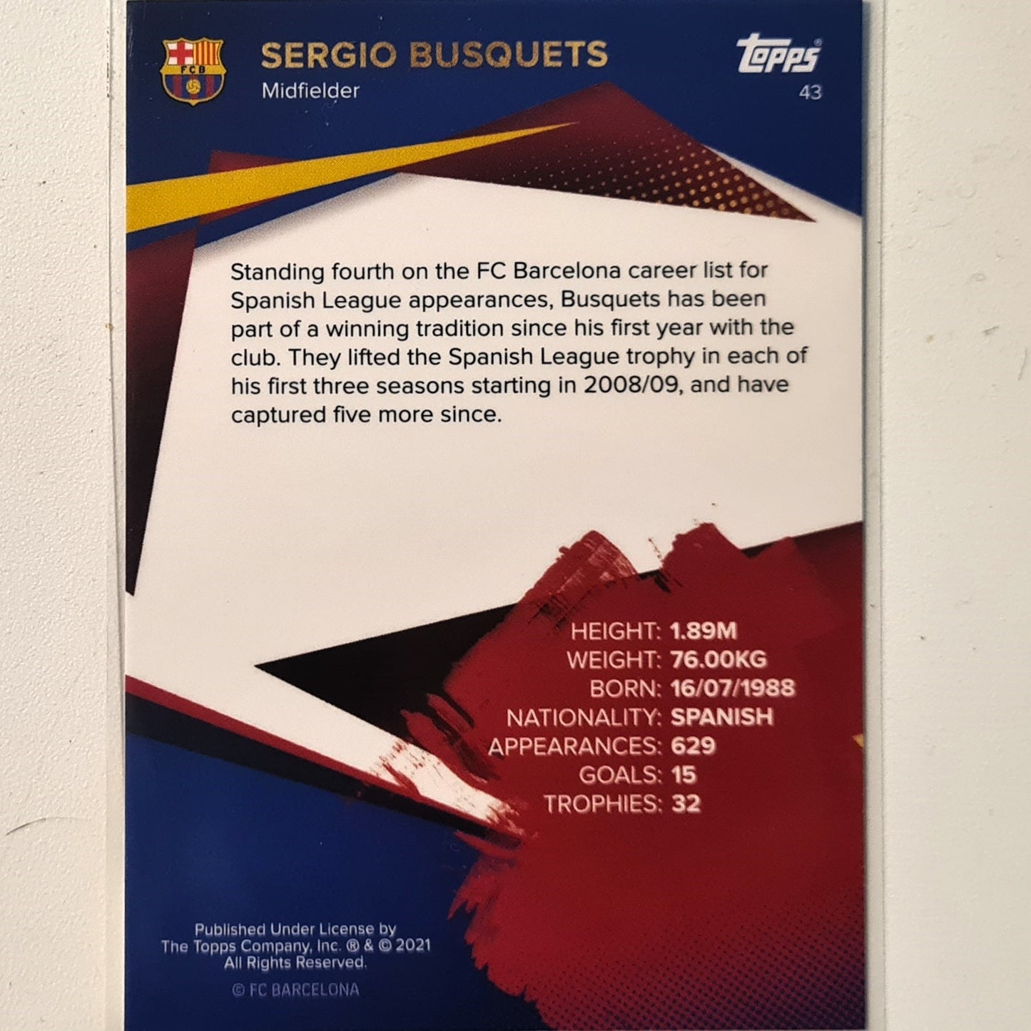 Sergio Busquets 2021 Topps Barcelona curated team set Title Winners #43 Soccer football excellent/mint Sleeved