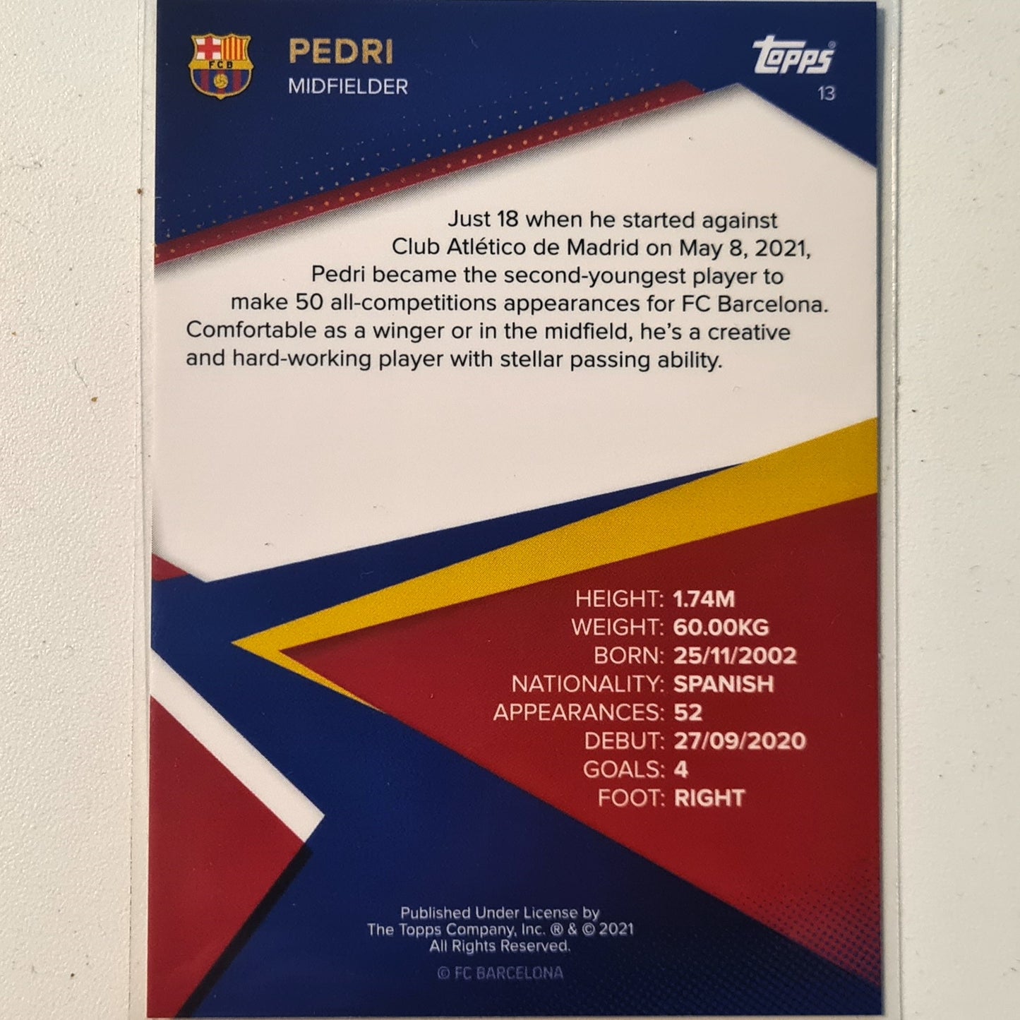 Pedri 2021 Topps Barcelona curated team set #13 Soccer football excellent/mint Sleeved