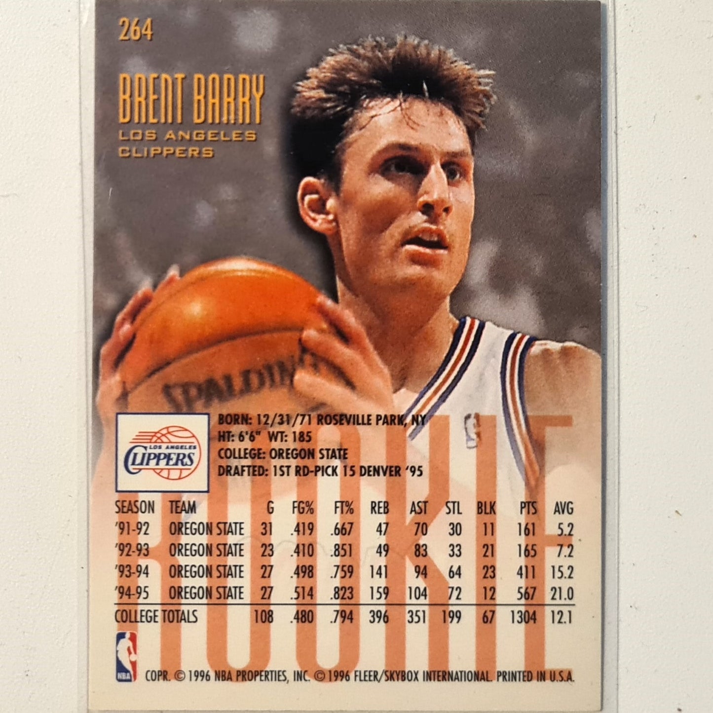 Brent Barry 1996 Fleer Ultra 95-96 Rookie RC #264 NBA Basketball LA Clippers very good Sleeved