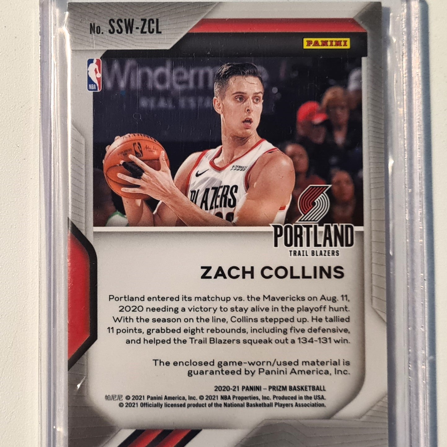 Zach Collins 2020-21 Panini Prizm Sensational Swatches patch SSW-ZCL Portland Trail Blazers Excellent sleeved