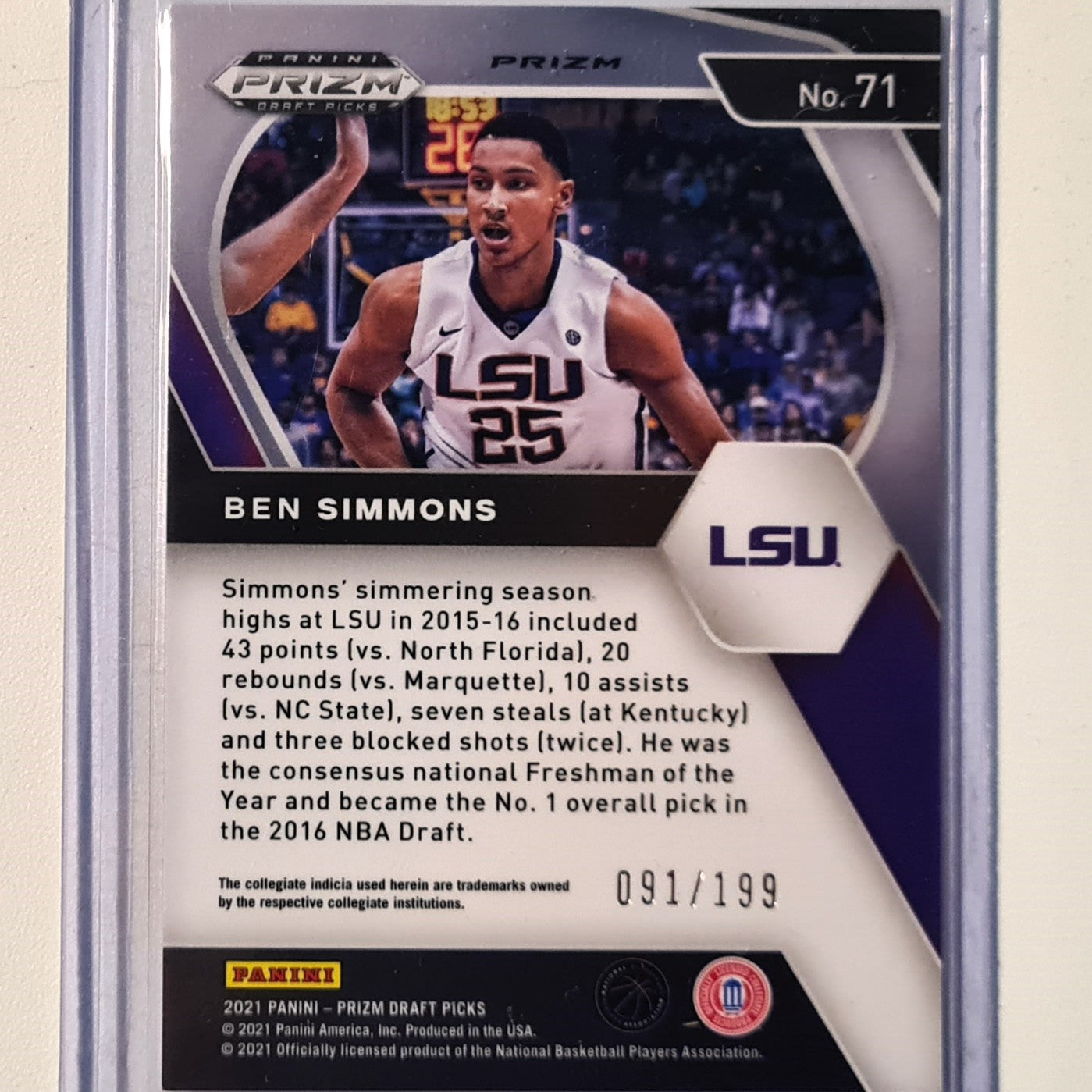 Ben Simmons 2021 Panini Prizm draft picks numbered 091/199 #71 LSU Excellent/mint sleeved