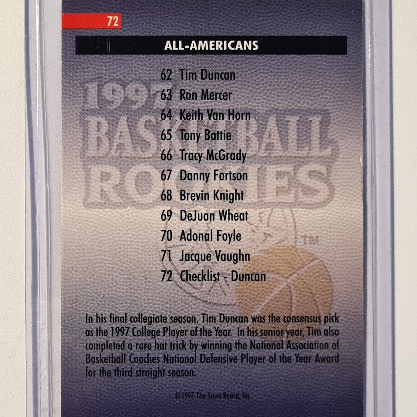 Tim Duncan 1997 The Scoreboard Basketball Rookies #72 Wake Forest San Antonio Spurs rookie vgc sleeved