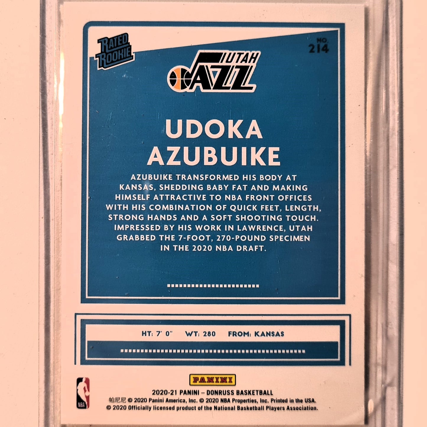 Udoka Azubuike 2020-21 Panini Donruss Rated Rookie RC yellow #214 NBA Basketball Utah Jazz Excellent sleeved