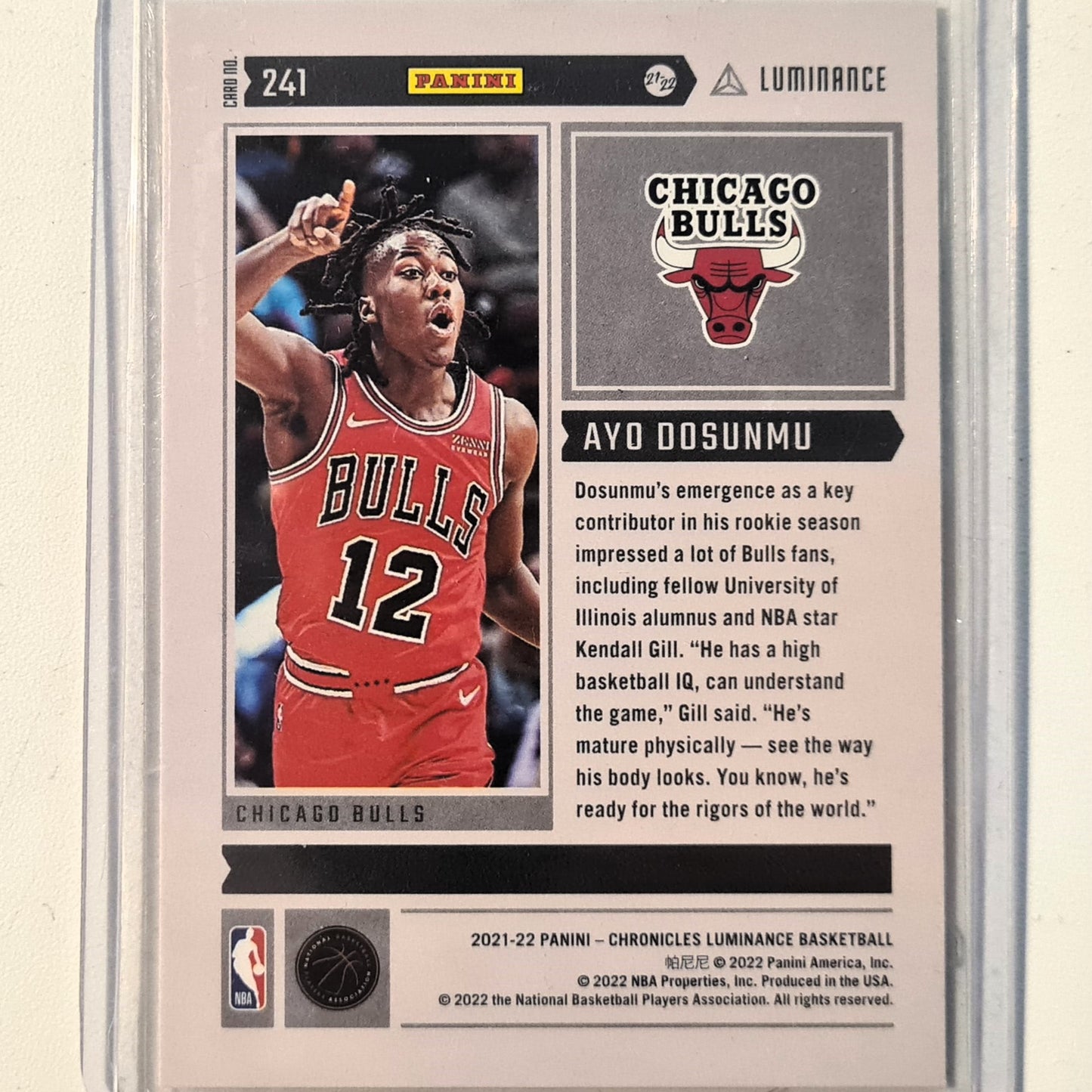 Ayo Dosunmu 2021-22 Panini Chronicles Luminance Rookie RC #241 NBA Basketball Chicago Bulls Excellent sleeved