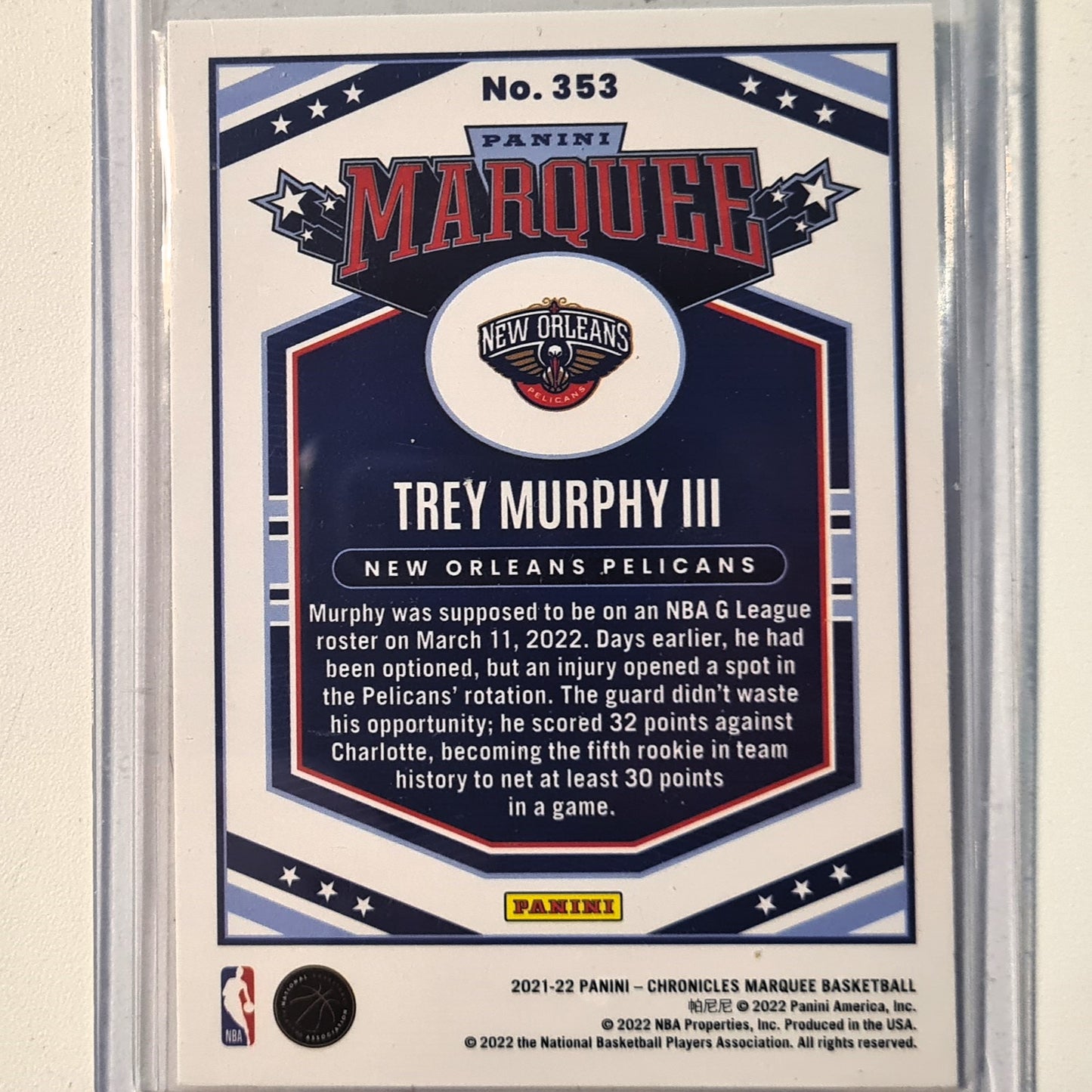 Trey Murphy III 2021-22 Panini Chronicles Marquee Rookie RC #353 NBA Basketball New Orleans Pelicans sleeved