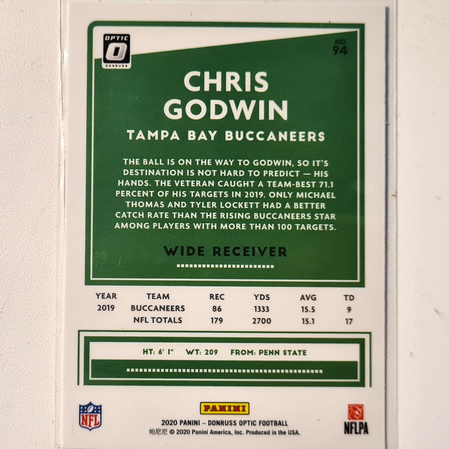 Chris Goodwin 2020 Panini Donruss Optic Football #94 NFL American Football Tampa bay Buccaneers Excellent sleeved