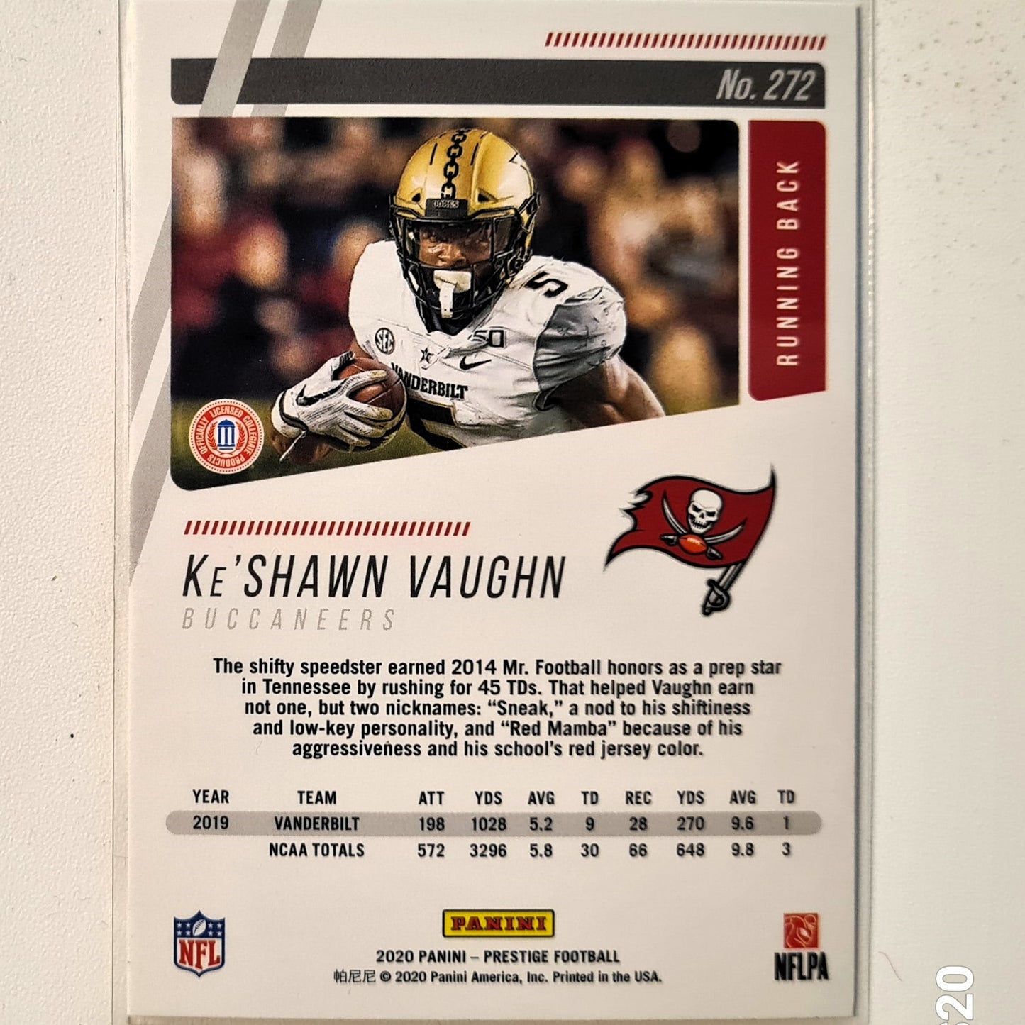 Ke'Shawn Vaughn 2020 Panini Prestige Football Rookie RC #272 NFL American Football Tampa bay Buccaneers Excellent sleeved