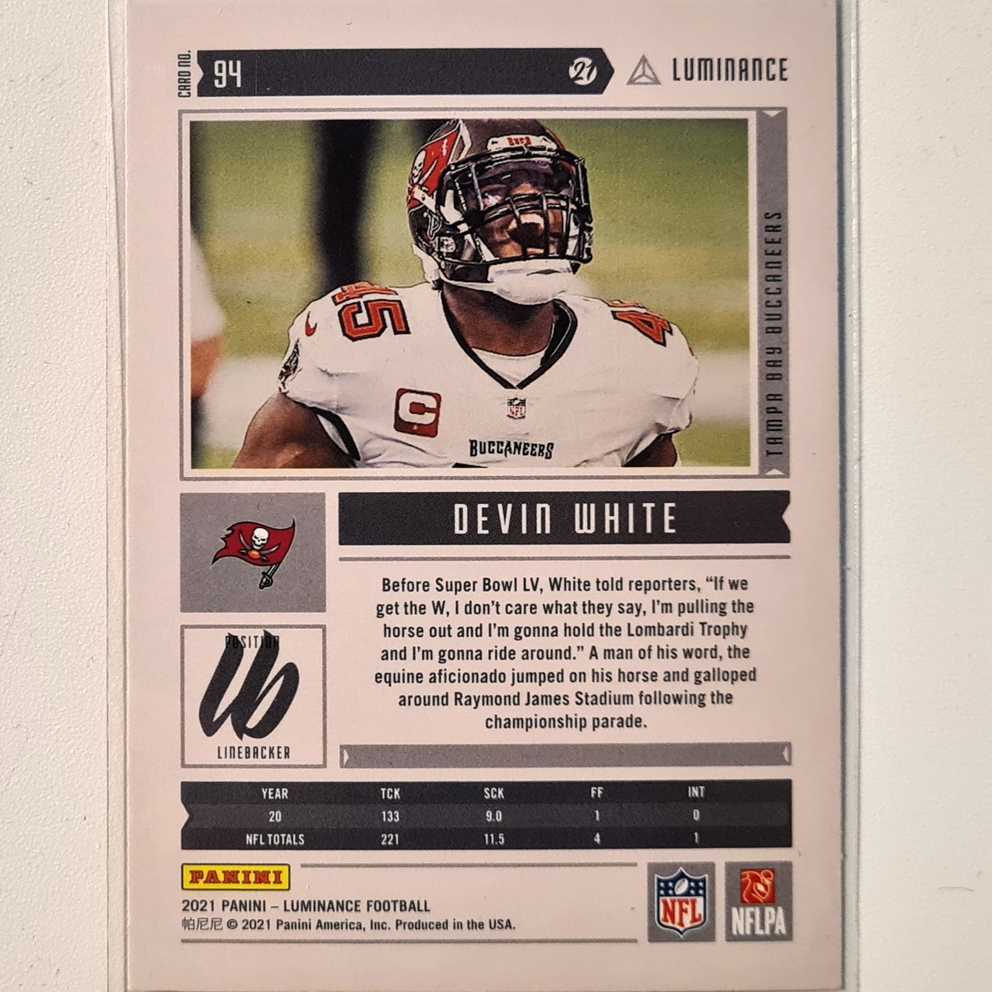 Devin White 2021 Panini Luminance Football #94 NFL American Football Tampa bay Buccaneers Excellent sleeved