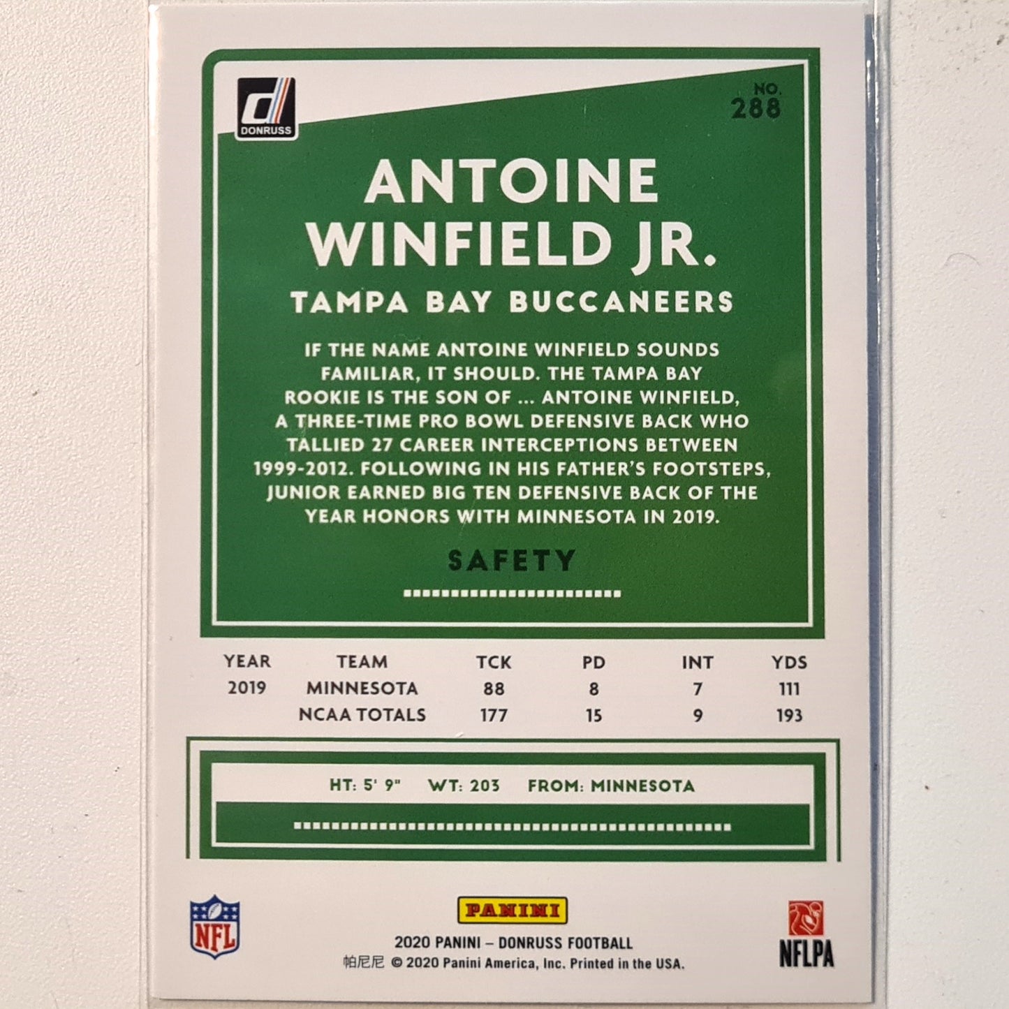 Antoine Winfield Jr 2022 Panini Donruss Football Rookie RC #288 NFL American Football Tampa bay Buccaneers Excellent sleeved