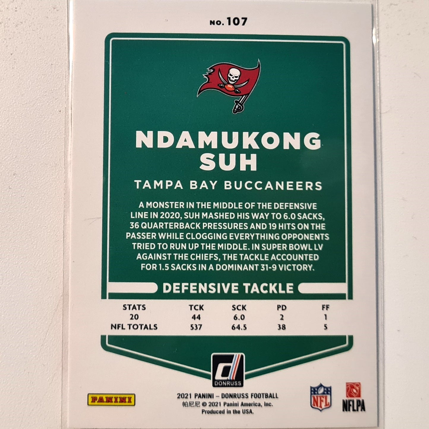 Ndamukong Suh 2021 Panini Donruss Football #107 NFL American Football Tampa bay Buccaneers Excellent sleeved