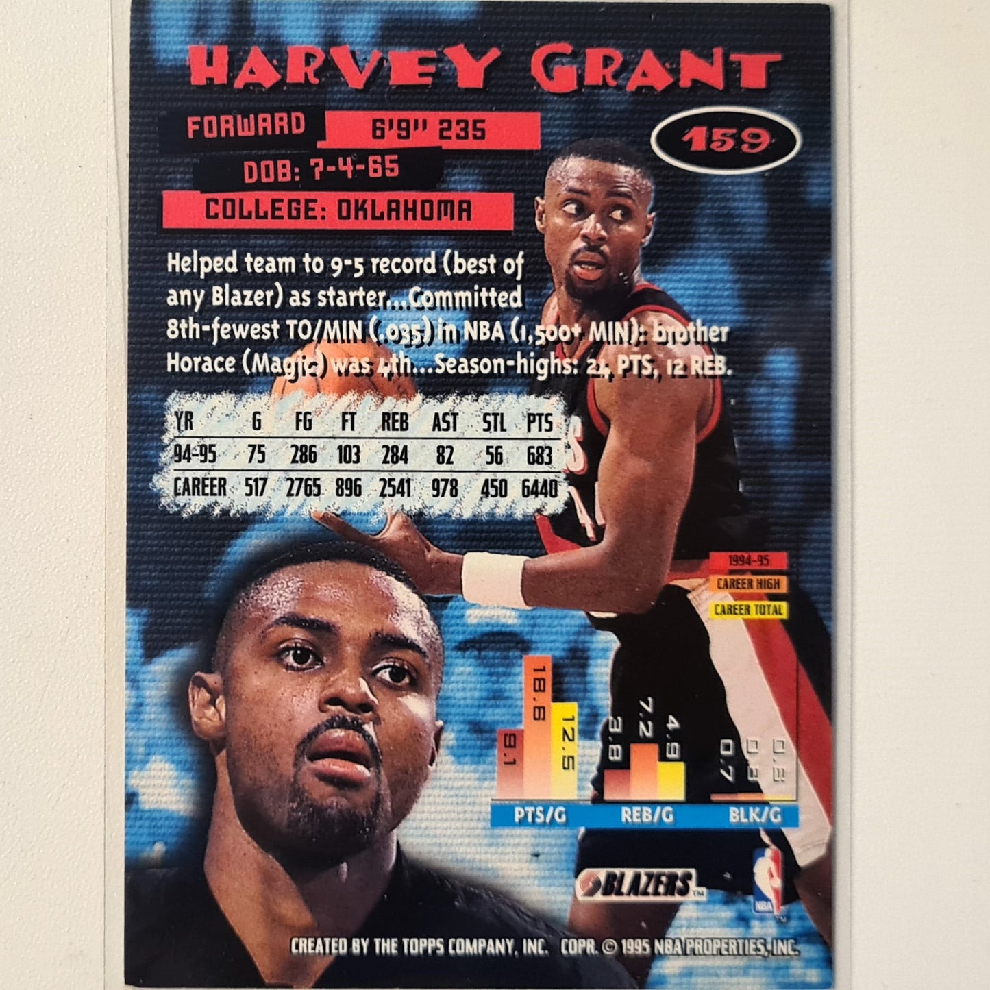 Harvey Grant 1995 Topps Stadium club #159 NBA Basketball Seattle Portland Trail Blazers very good sleeved