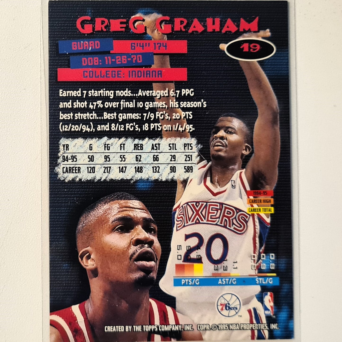 Greg Graham 1995 Topps Stadium club #19 NBA Basketball Philadelphia 76ers very good sleeved